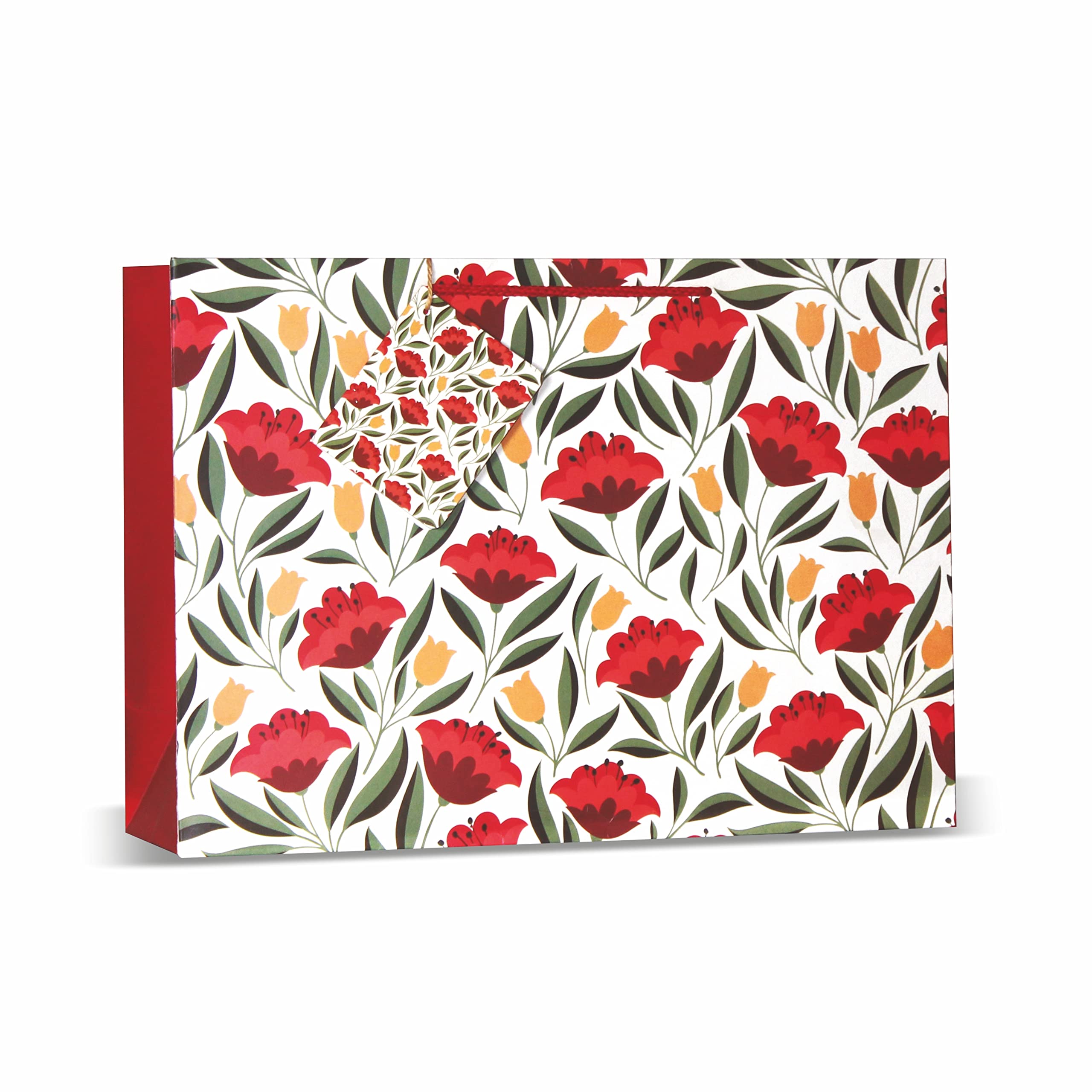 VESTTA -ELEGANCE REDEFINED Gift Paper Bag, Large, 14 (L) X 4.5 (B) X 10 (H) Inches, Kashmiri Red Floral Print, Matt Finish For Weddings, Birthdays, Diwali, Christmas With Gift Tags-1 Count