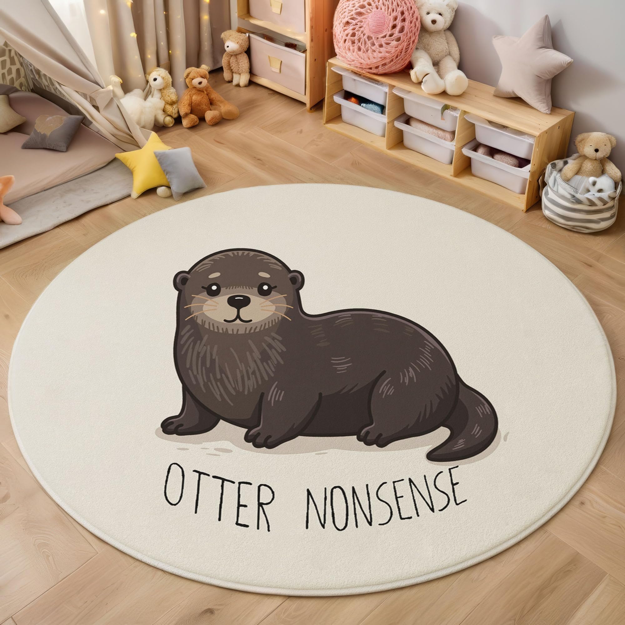 Tapis rond loutre moquette lavable poils courts antidérapant chambre salon beige 180cm