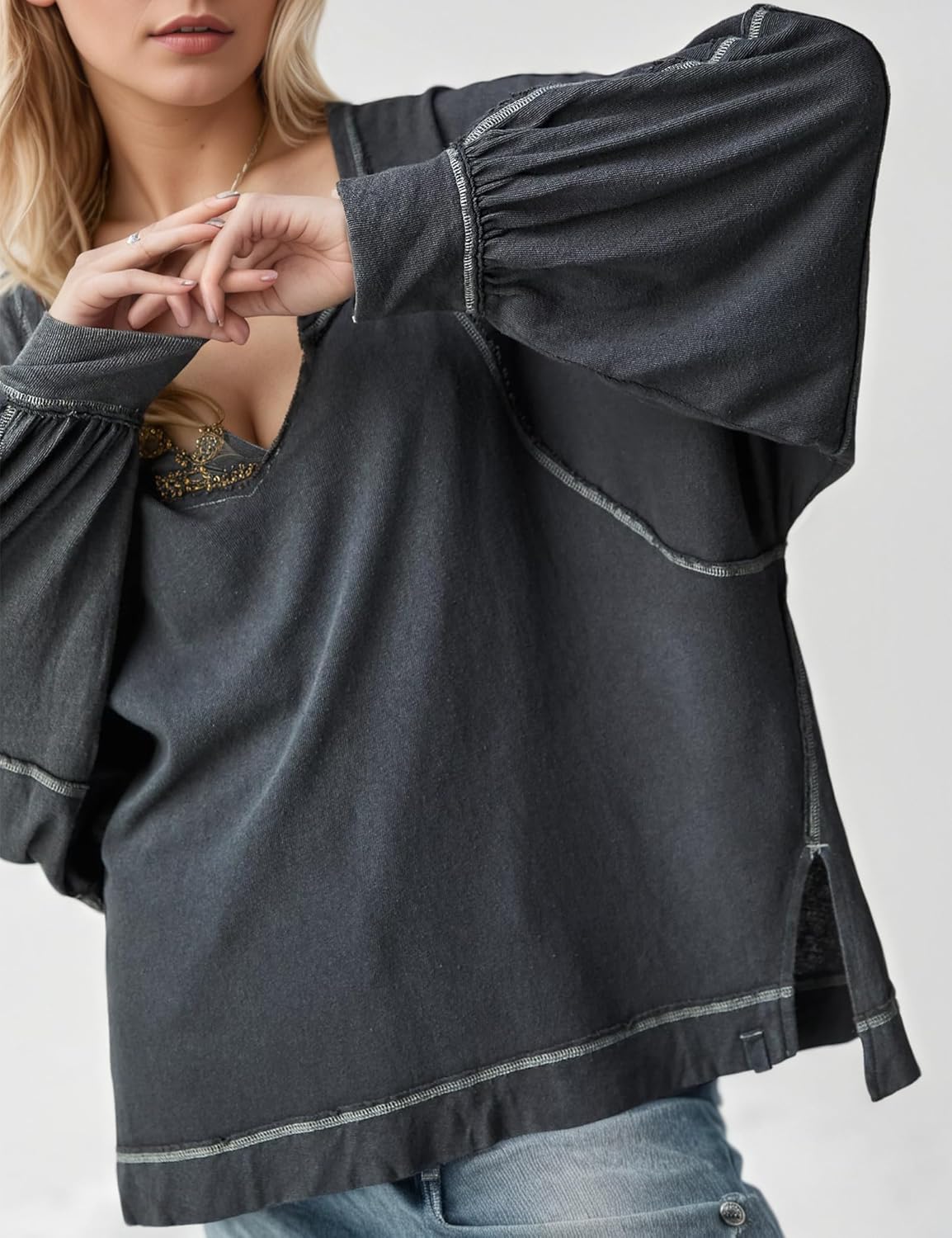 Womens Casual Oversized Sweatshirts V-Neck Split Casual Fashion Outfits Winter Pullover Tops 2025 - Image 2