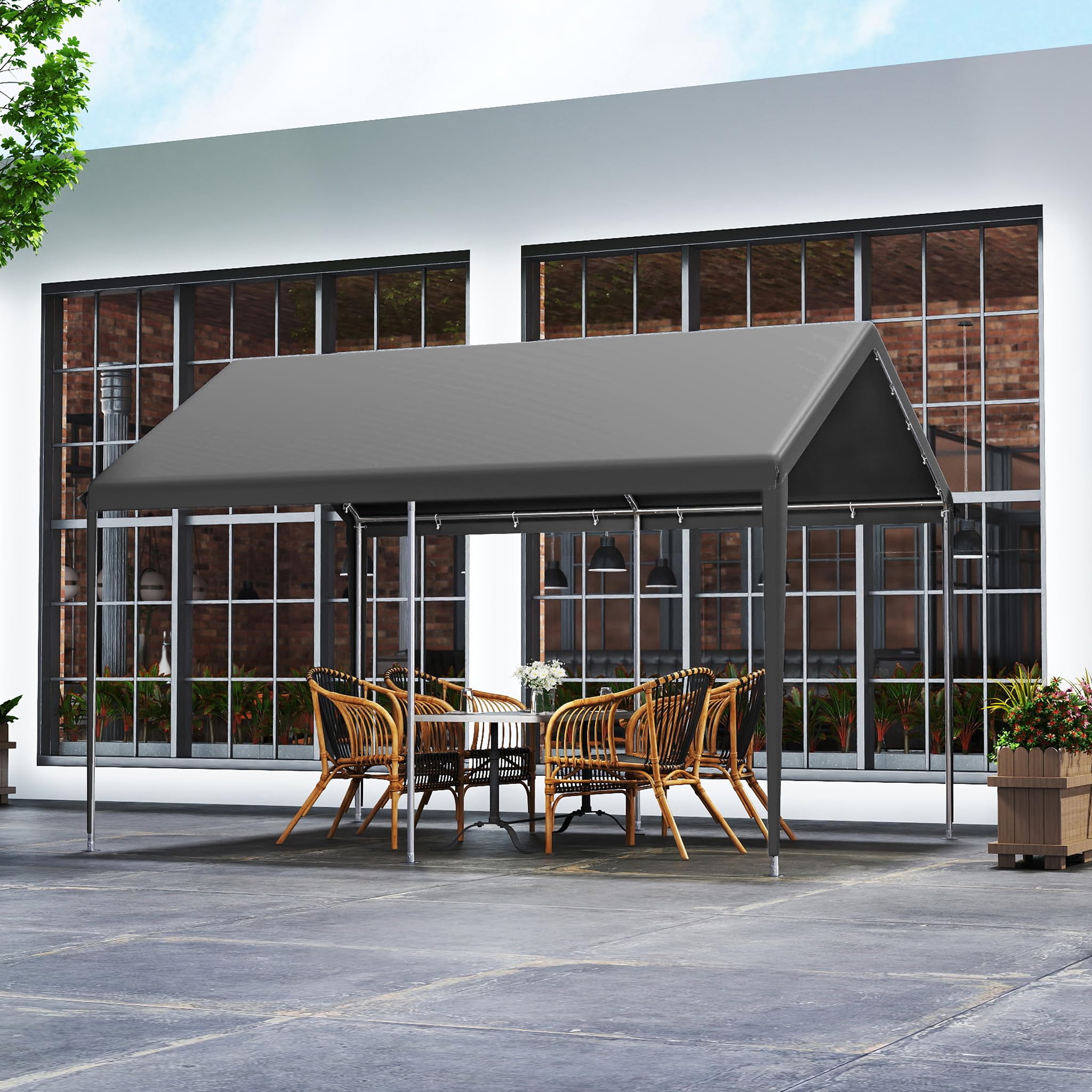 Aufun Carport Zeltgarage 3x4m, Wasserdichtes Lagerzelt mit PE-Dach, Reißenresistenter Garagenzelt mit abnehmbaren Seitenwänden, UV-beständig Winterfest Unterstand für Auto, SUV, LKW, Boot, Grau