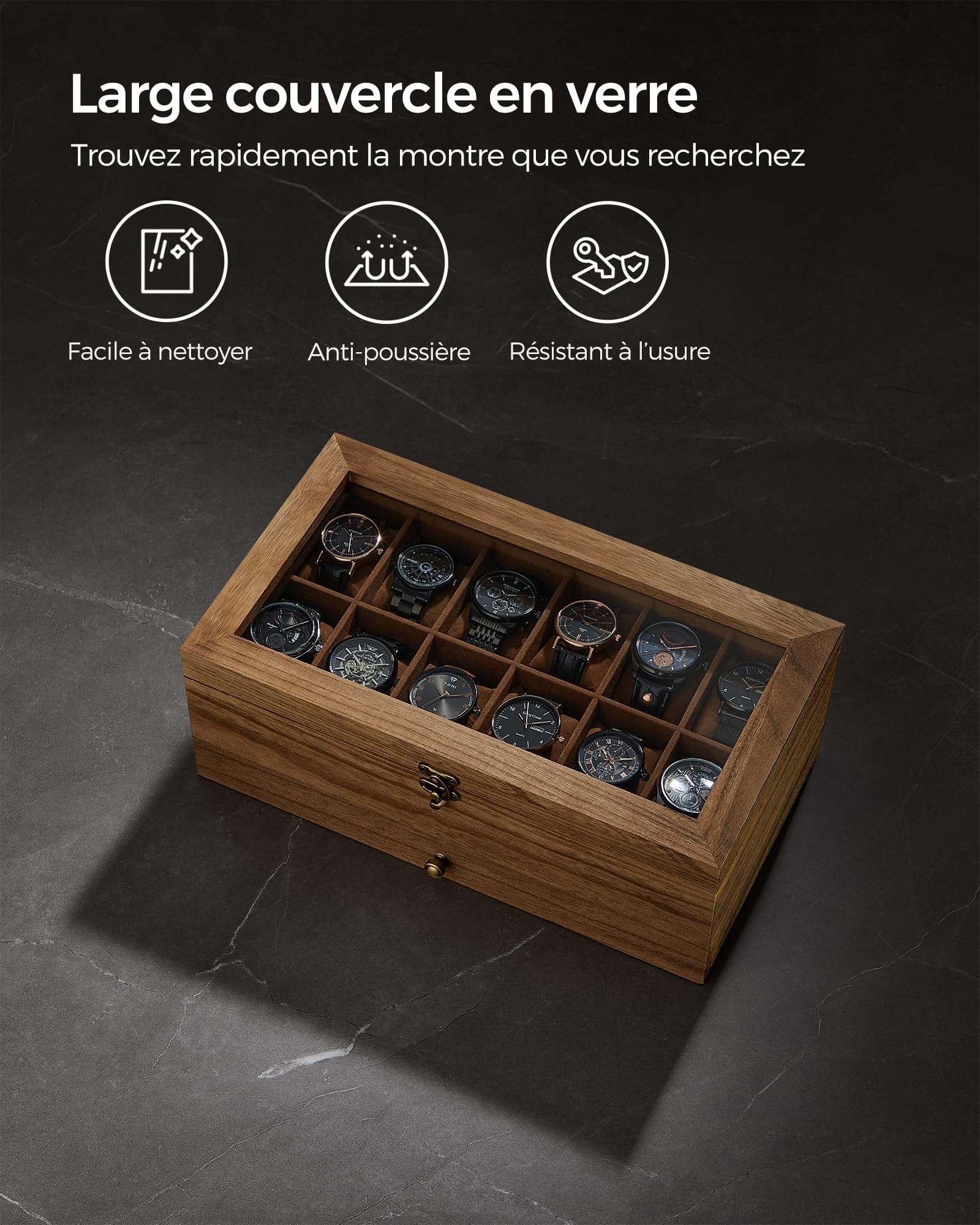SONGMICS Boîte à Montres 12 Emplacements, Écrin à Montres en Bois, avec Couvercle en Verre, Coussinets pour Montres, Doublure en Velours, Coffre à Bijoux, Couleur Noisette JOW012K01