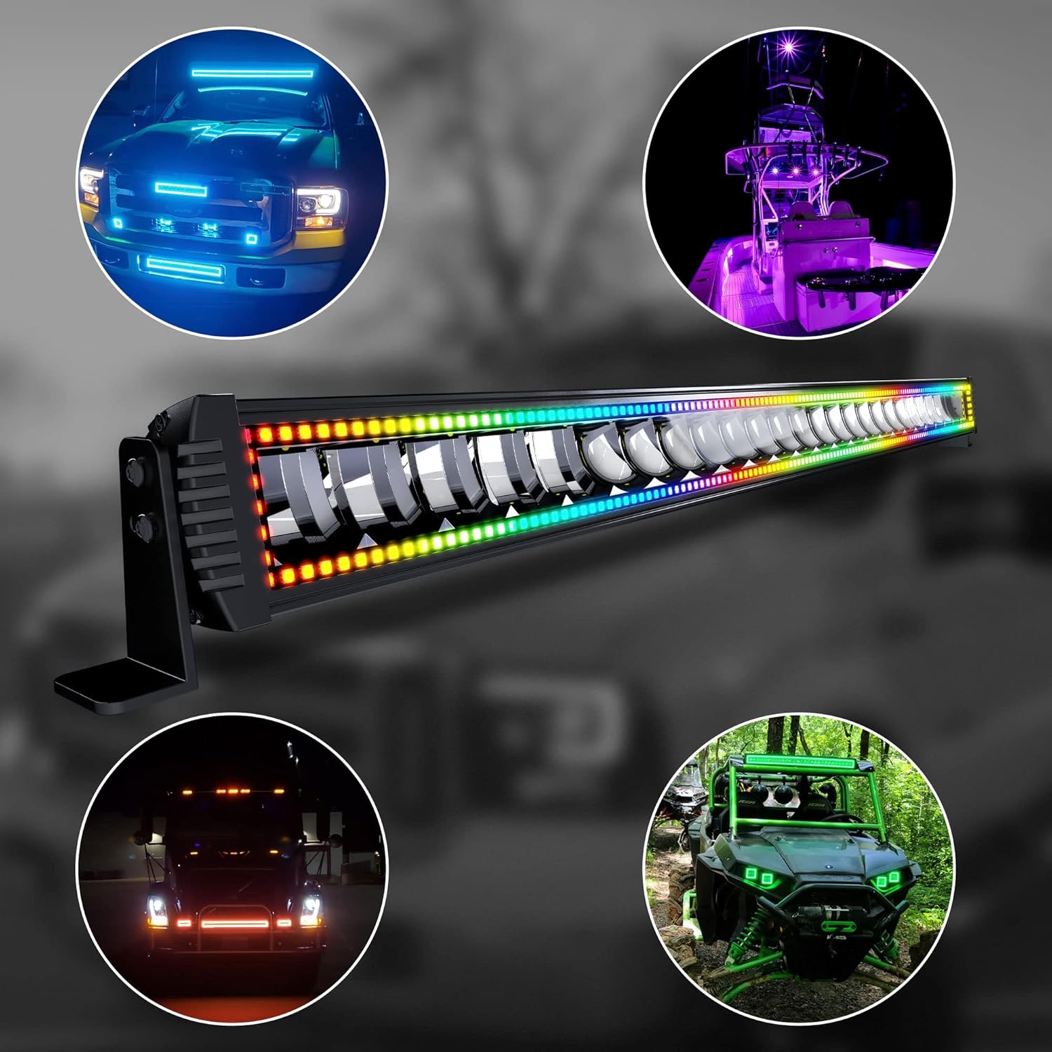 A collage of images showing the FEELON LED light bar used in various applications, including on a truck, a boat, and as general area lighting.