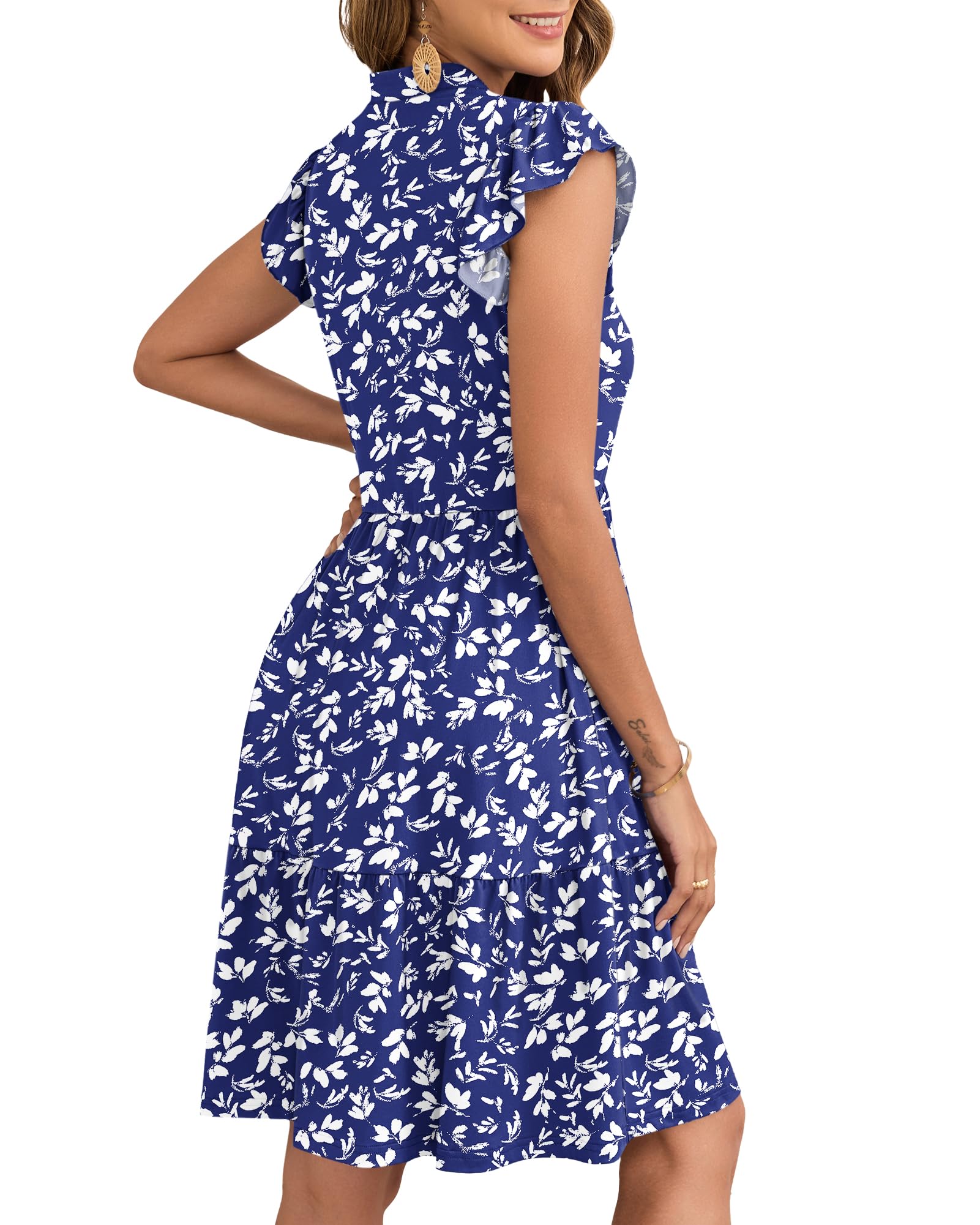 AUSELILY Vestito Donna Estivo con Scollo a V Maniche a Volant Mini Abito Vita Elastica Vestiti Casual con Tasche