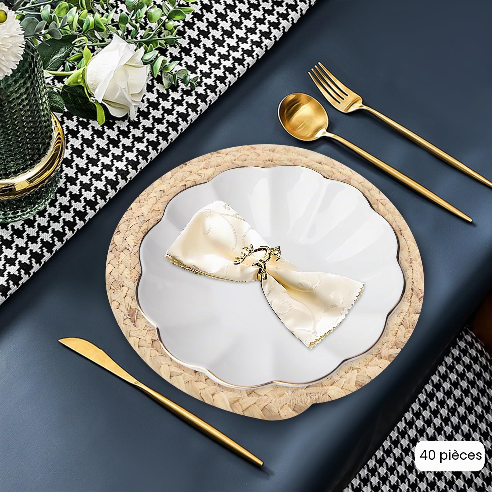 Lot de 40 sets de table ronds, style bohème naturel, 30 cm, tressés en spirale, inserts gastronomiques dans les restaurants et nappes (couleur naturelle, 40 pièces)