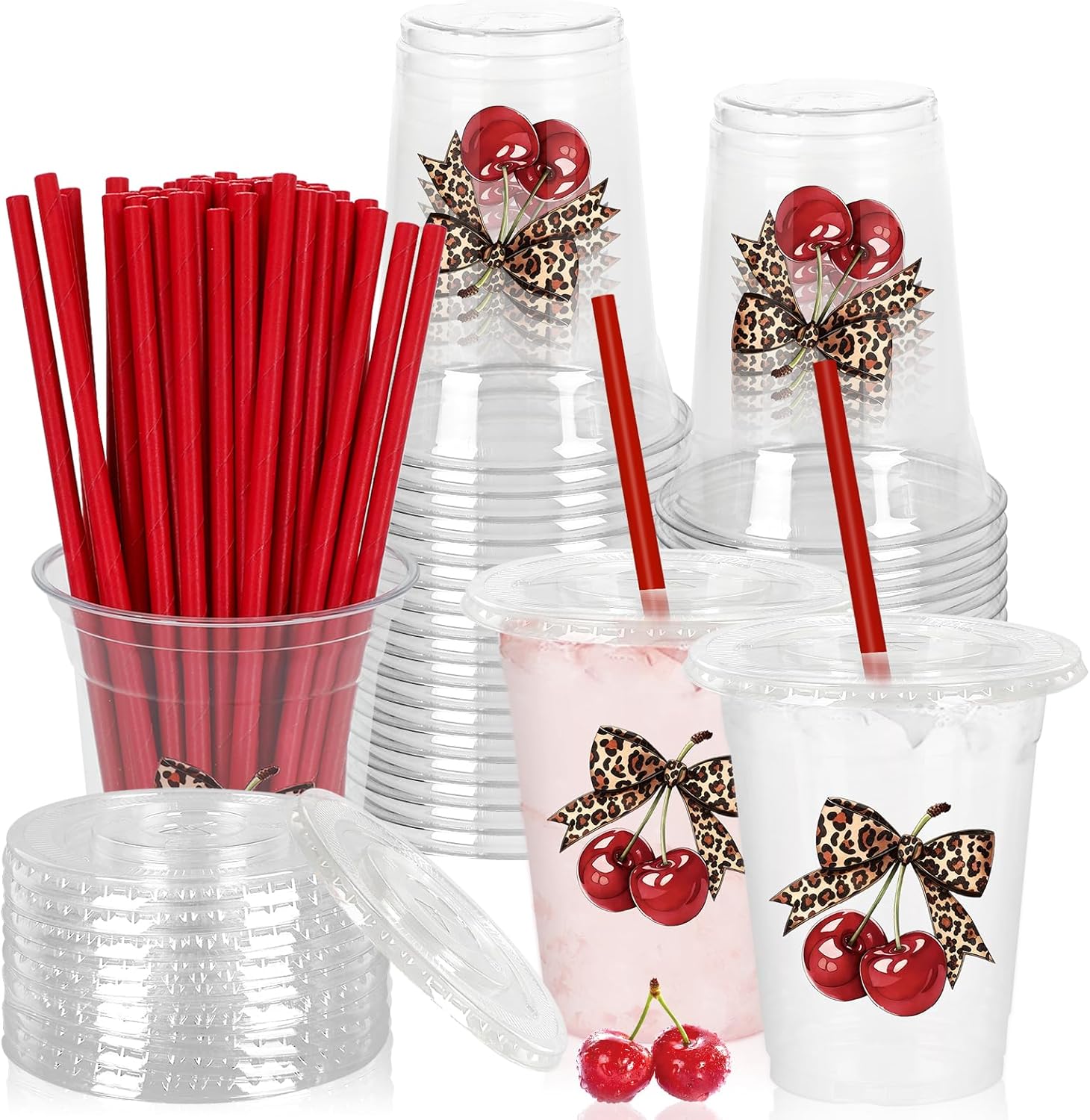 JarThenaAMCS 50Pcs Leopard Cherry Plastic Cups with Lids Straws Disposable Cups 12oz Cheetah Print Red Cherry Drinking Cup for Bride Shower Girls Night Bachelorette Party