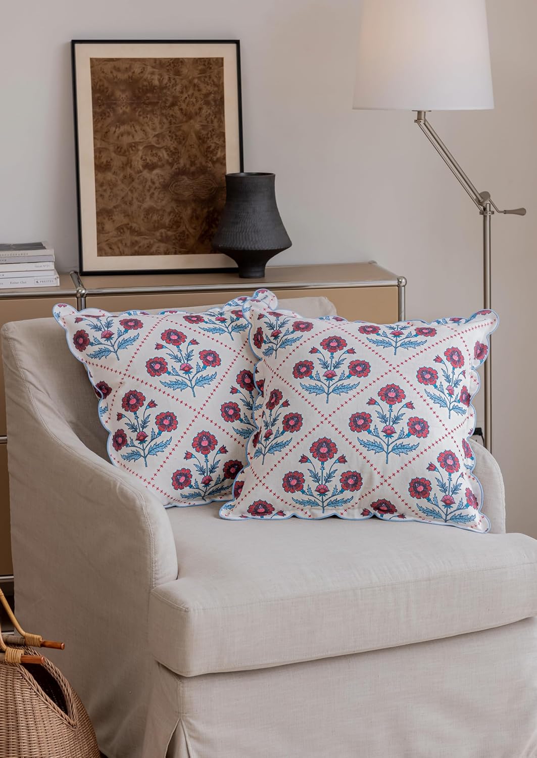 DrapePalette - Scalloped Throw Pillow Covers with Block Print Floral Patterns and Hidden Zipper - Crimson, 20 x 20 Inches Pack of 1 - Soft Indoor Pillow Case for Livingroom, Bedroom, or Lounge