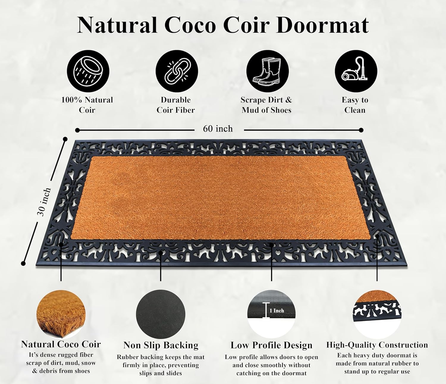 A1 Home Collections Natural Coir & Rubber Door Mat, 30"x60" - Thick, Durable, Heavy Duty, Anti-Shed, Fade-Resistant, Long-Lasting Outside Entrance Large Doormat for Front Porch