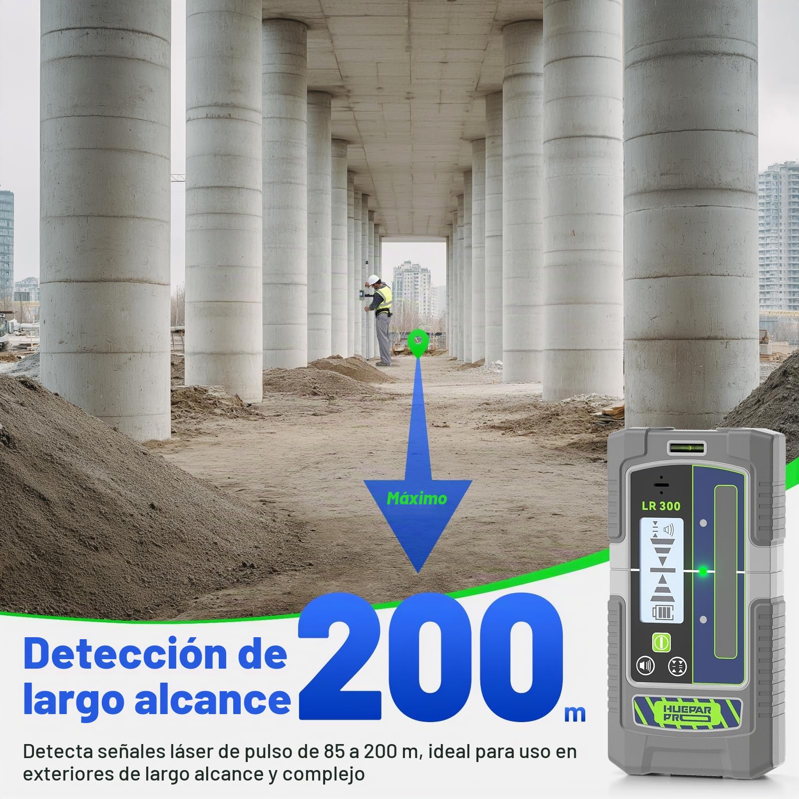 Huepar Pro Receptor Láser Detector de Modo de Pulso de Línea para Niveles Láser, Exterior 60 m, Modos de Doble Precisión, Resistente al Agua IP65, Abrazadera Magnética, LCD+LED, Duración de 20 Horas