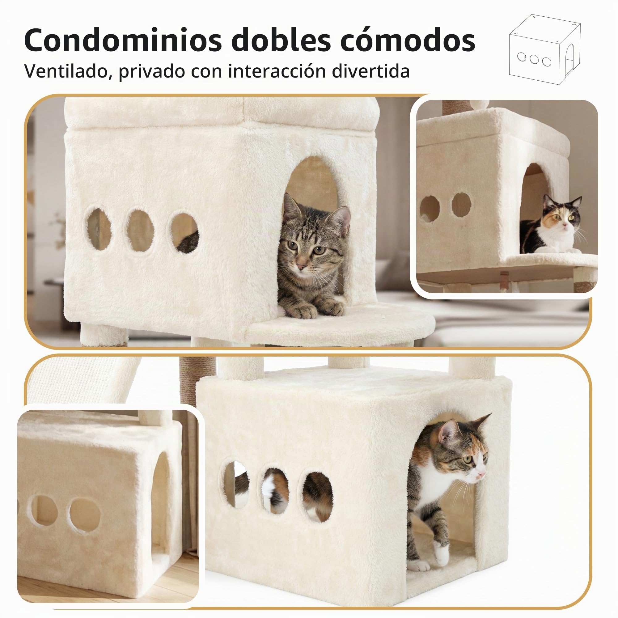 Heybly Rascador para Gatos, 184cm Árbol Rascador Grande con 3 Amplias Plataformas, 2 Cuevas, 2 Cestas Y Una Almohadilla Rascadora De Sisal Extragrande, Una Torre De Juego Estable, Beige HCT060MJ