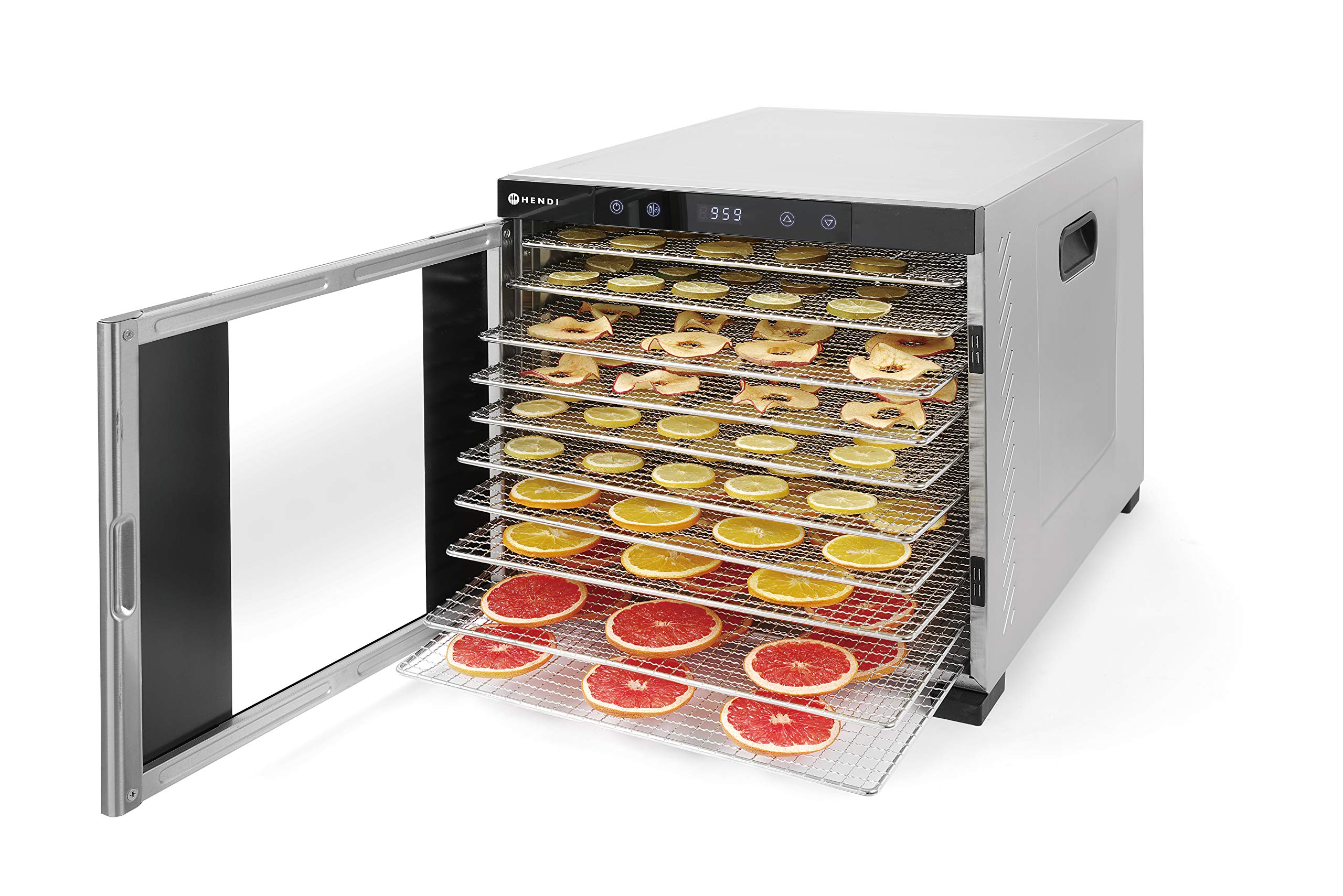 HENDI Essiccatore alimentare, con 10 griglie, per l’essiccazione di frutta, verdura e carne, timer, intervallo di temperatura da 35º a 75ºC, 230V/1000W, 430x535x(H)416mm, acciaio inossidabile