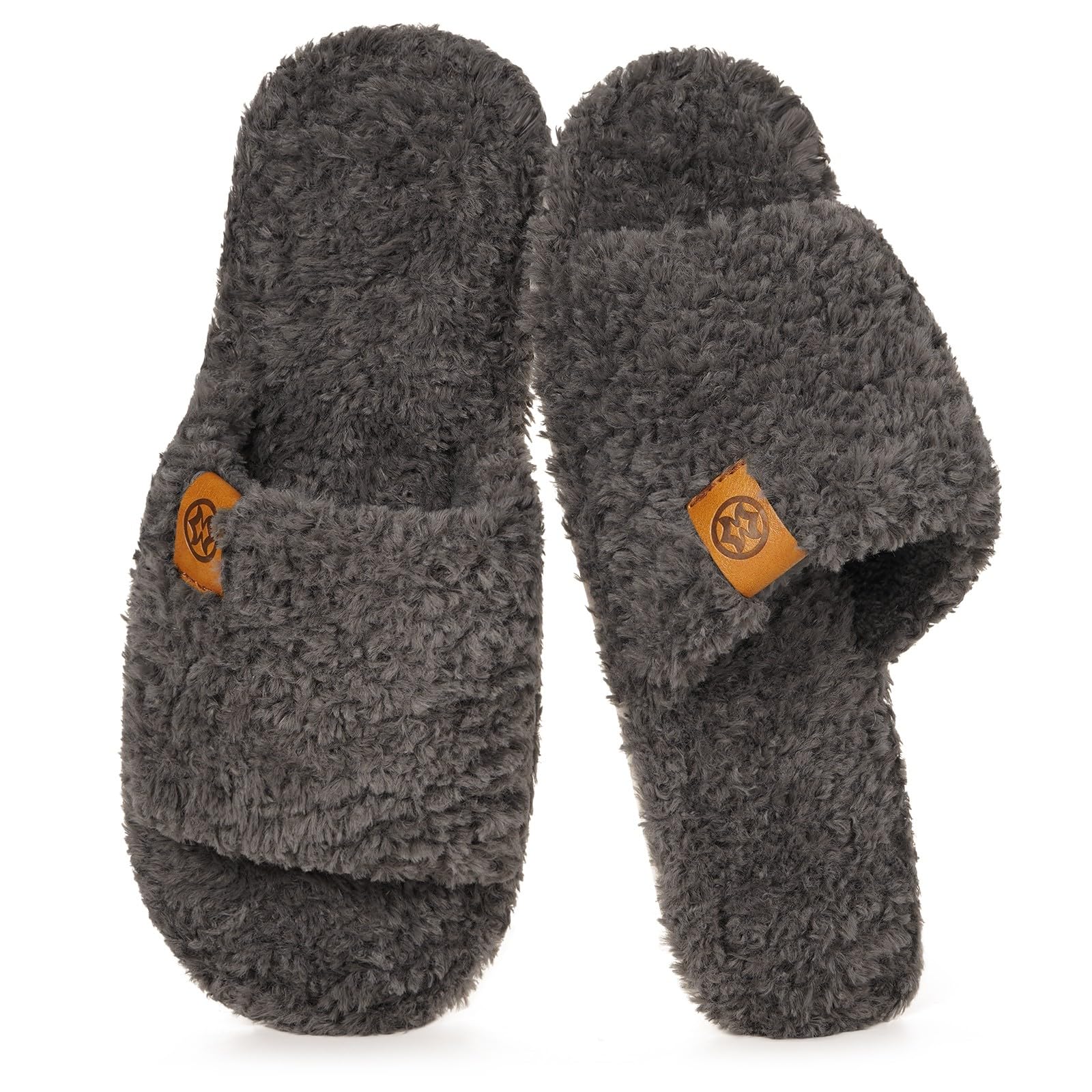 Dokela Fuzzy Open Toe Slippers for Men Soft Memory Foam Indoor House Shoes Slip On Cozy Bedroom Slippers