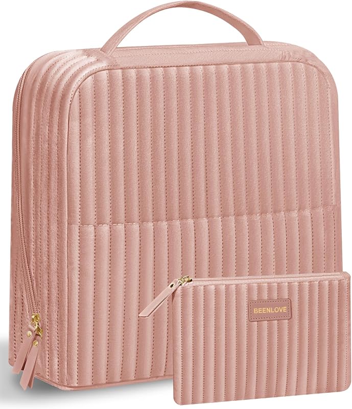 Necessaire de maquiagem BEENLOVE em veludo holandês, com divisórias, bolsos e suporte para pincéis, rosa, pacote com 2