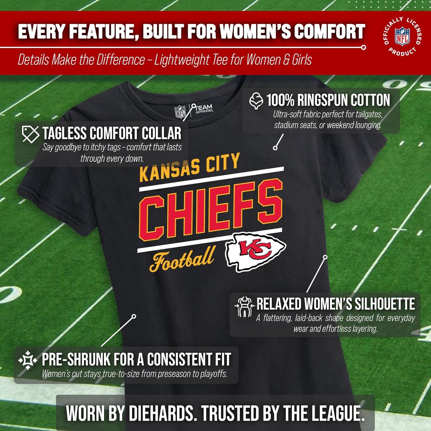 Team Fan Apparel NFL Gameday Women's Relaxed Fit T-Shirt - Rib Neck Contour - Tagless Short Sleeve Tee - Stay Cool & Stylish (Kansas City Chiefs - Black, Large) - Image 3