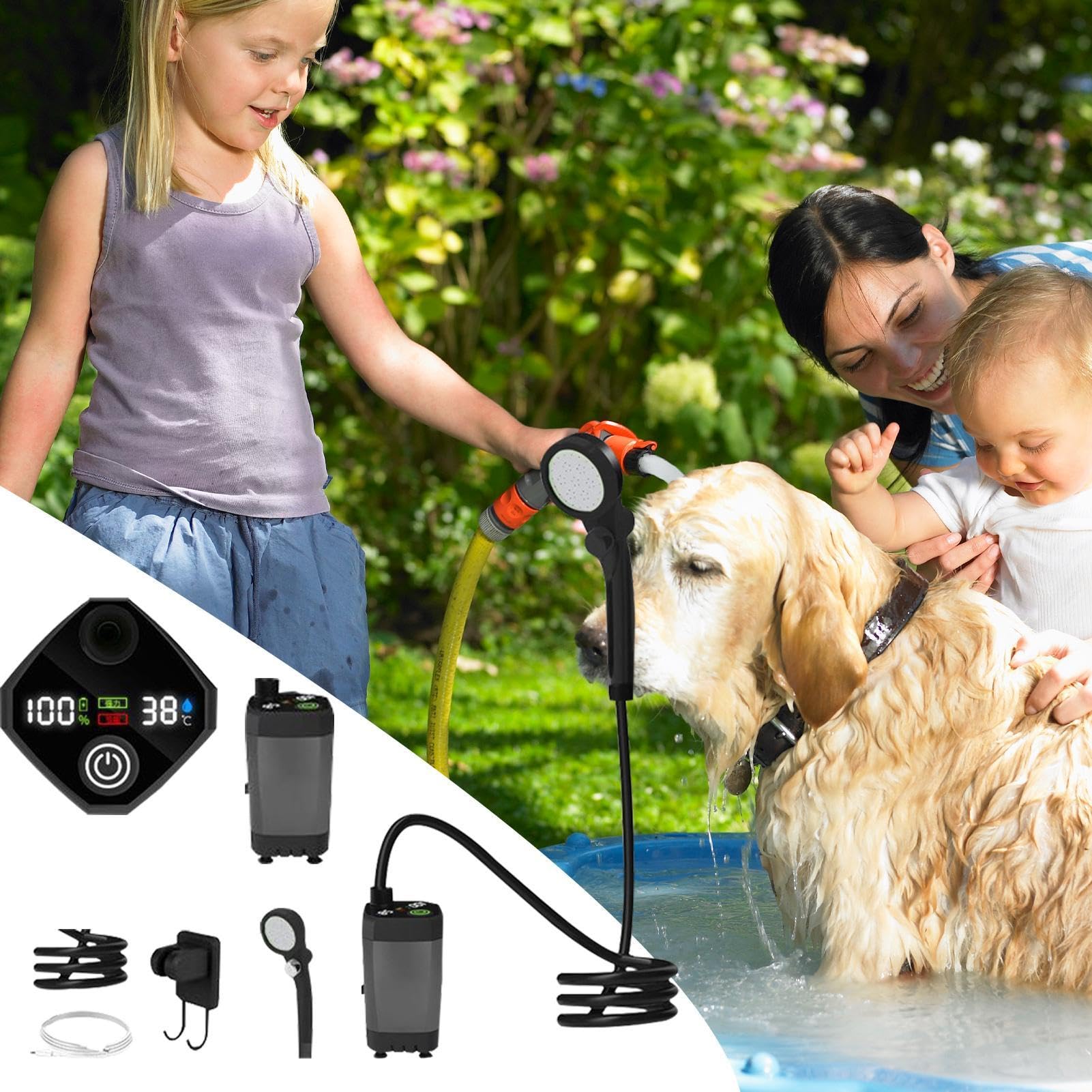 Doccia Portatile Da Campeggio Ricaricabile, 3 Modalità Spray, Impermeabile, | Doccia Da Spiaggia Con Display LED 3 Modalità Di Spruzzo Impermeabile Per Campeggio,