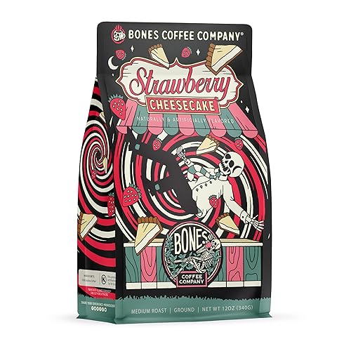 Bones Coffee Company Strawberry Cheesecake Flavored Coffee, Medium Roast Low Acid Arabica Beans Compatible with Auto drip and French Press Coffee Maker, 12 Oz Ground - Strawberry Cheesecake (Ground)