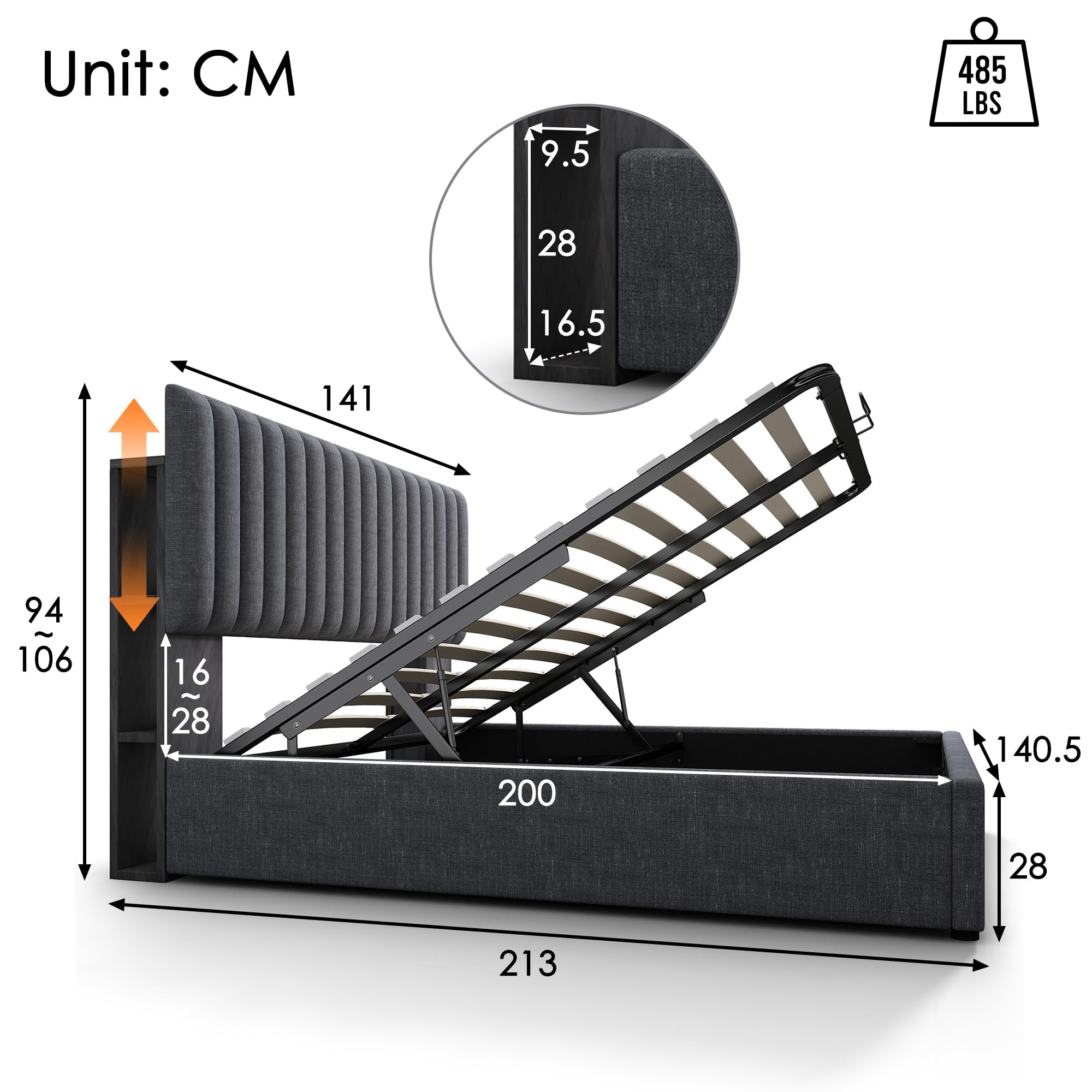 Letto imbottito idraulico con ricarica USB Tipo C e controllo tramite app LED bed matrimoniale testiera regolabile con vano portaoggetti letti contenitore ospiti grigio con materasso 140x200 cm