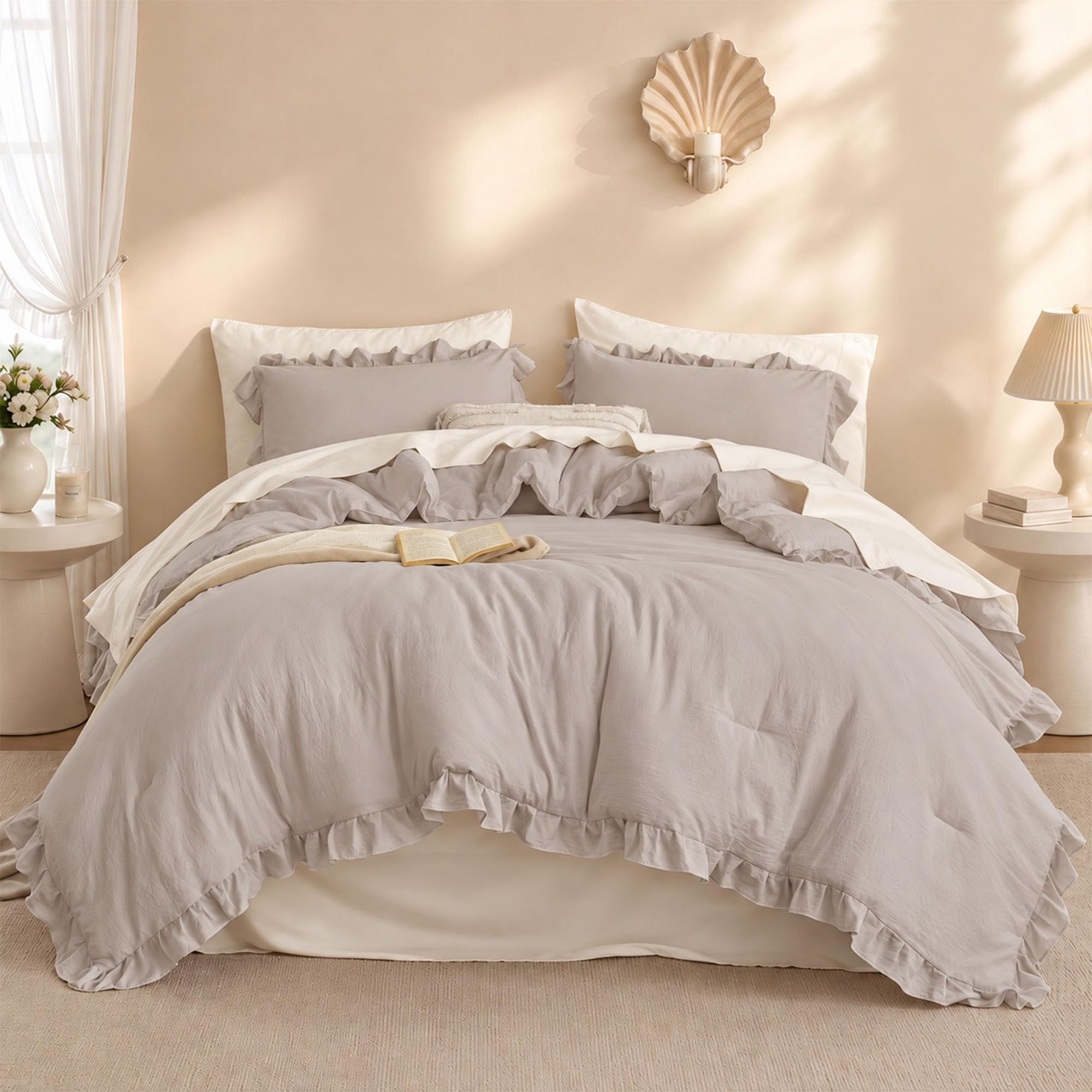 JANZAA Oatmeal Comforter Set Twin, Ruffle Soft Bedding