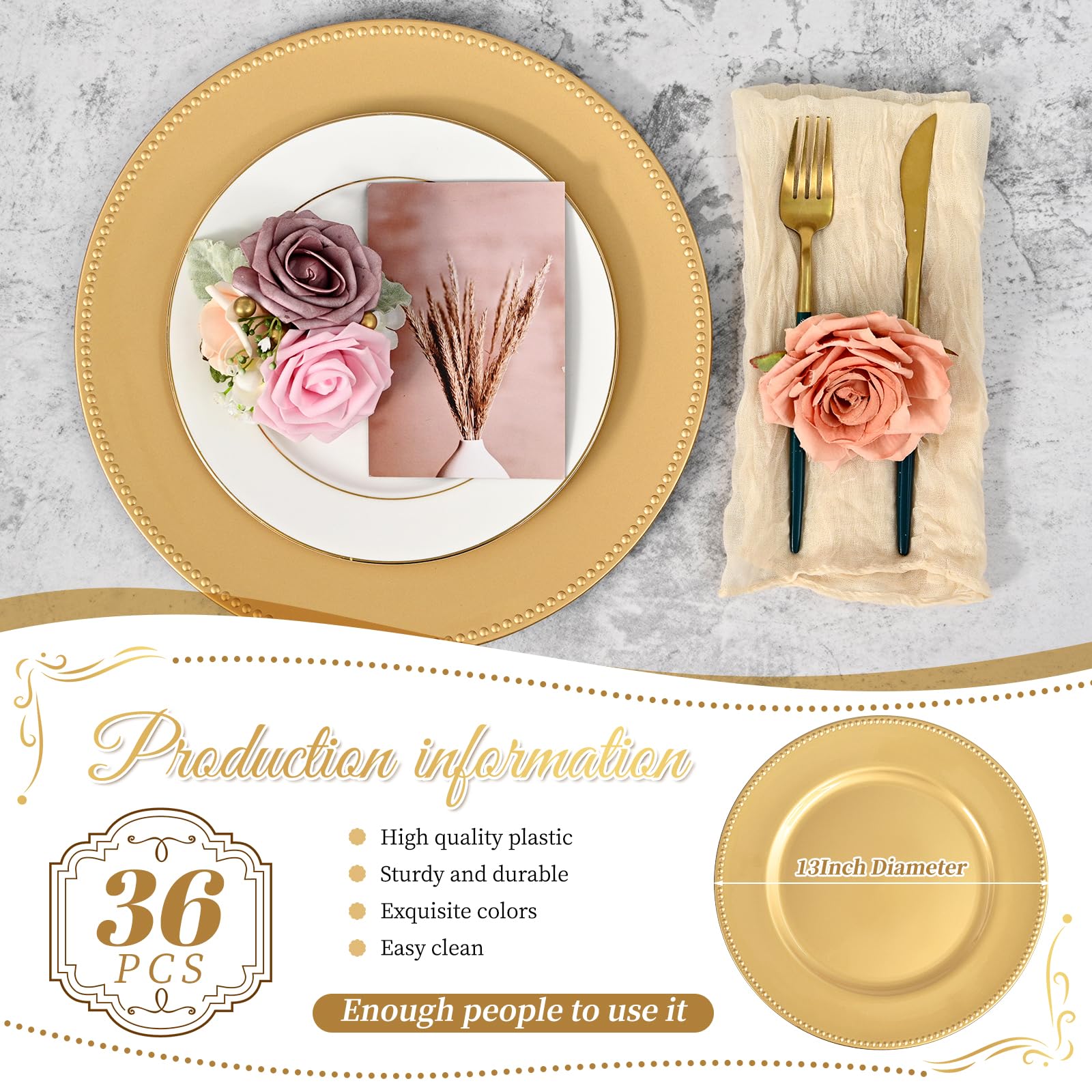 36 platos de carga dorados redondos de 13 pulgadas a granel para cena de boda, elegantes platos de plástico reutilizables para bodas, vacaciones, fiestas, baby shower, decoración de eventos