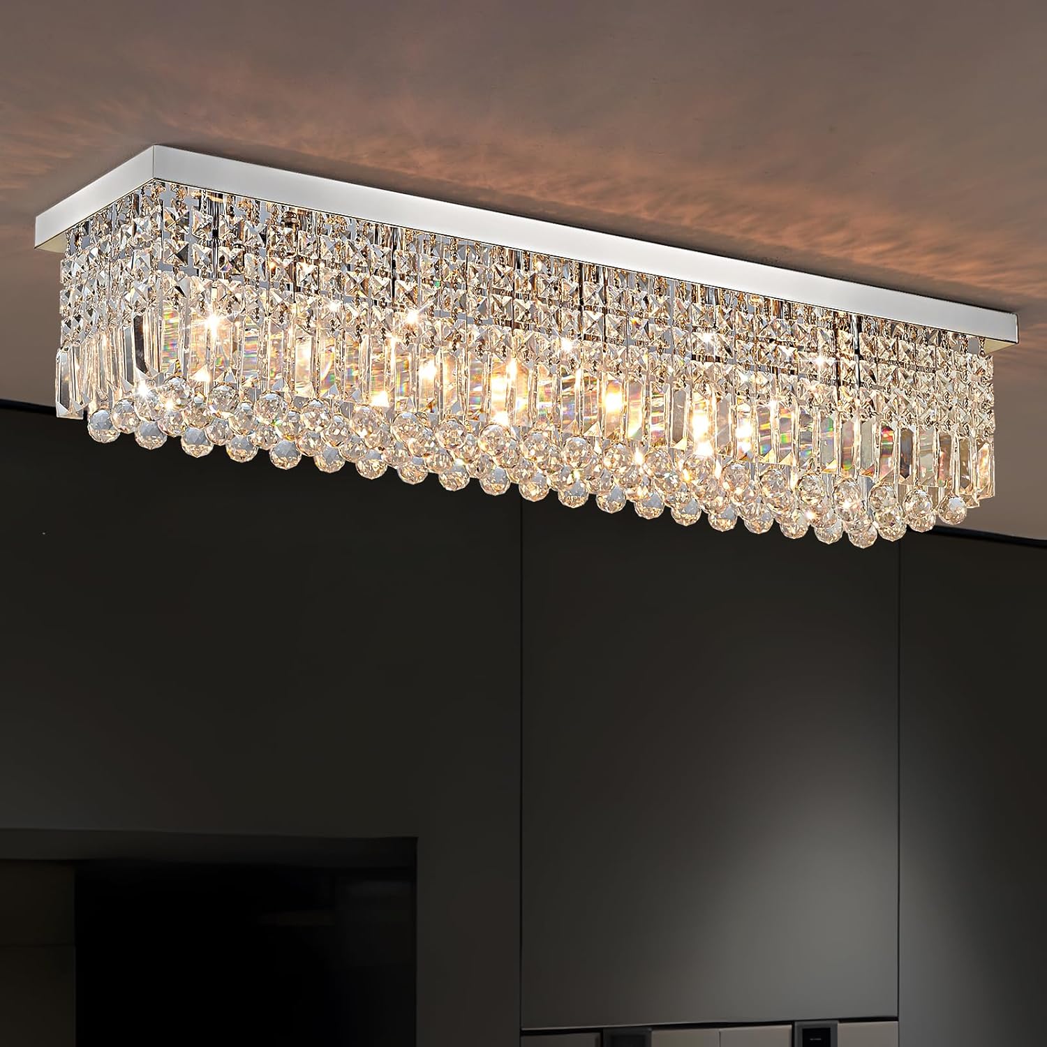 Modern Crystal Chandeliers for Dining Room Light Fixture, 8-Light Ceiling Light Rectangle Chandelier for Kitchen Island Bar Living Room, L39.4 Inch, Chrome Finish L39.4"XW10"XH10" Chrome(Ceiling)