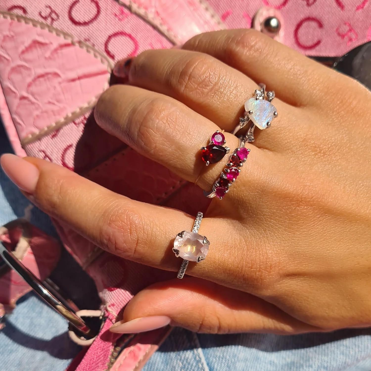 Moon Magic Authentic Moonstone Ring for Women | Amethyst, Aquamarine, Black Obsidian Ring Flow/Real 925 Sterling Silver | 18k Rose and Yellow Gold Raw Crystal Rings for Women/Genuine Gemstone Jewelry