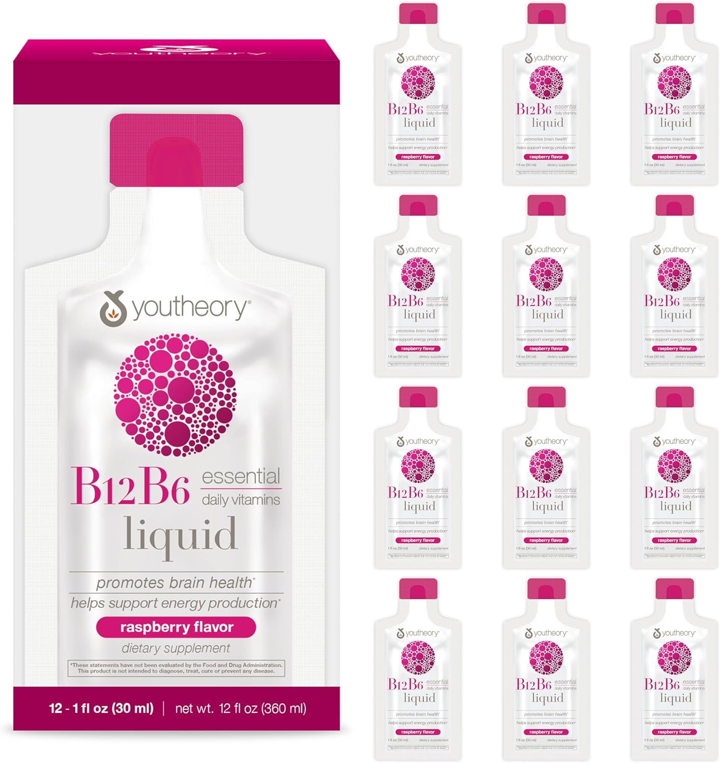 Youtheory Vitamin B12 B6, Daily Energy and Brain Support Supplement, Liquid Raspberry Flavor, 12 – 1oz Single Serving Packets