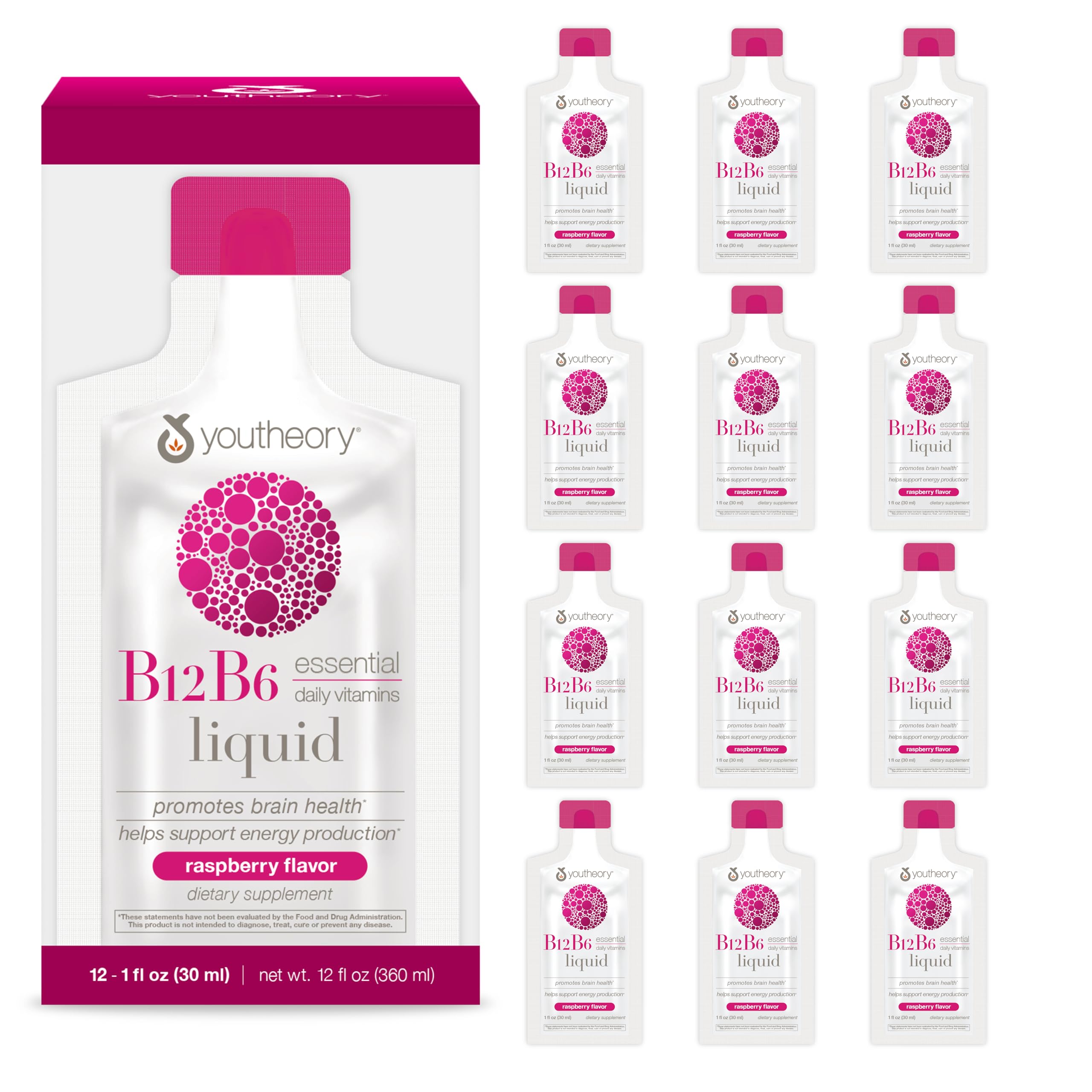 Youtheory Vitamin B12 B6, Daily Energy and Brain Support Supplement, Liquid Raspberry Flavor, 12 – 1oz Single Serving Packets