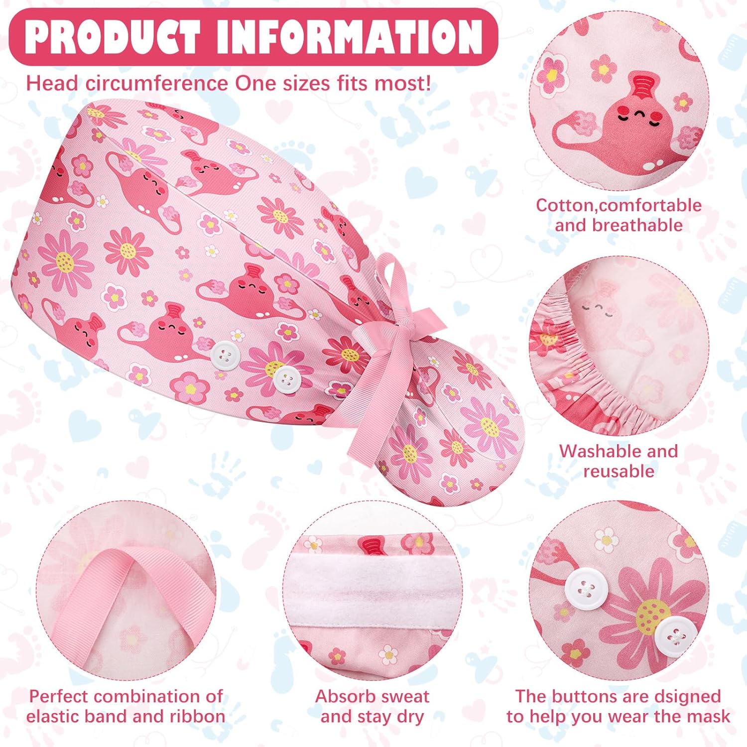 6 Pcs Labor and Delivery Scrub Caps with Sweatband Buttons for Women Nursing Adjustable Hat for Midwife Obstetrics - Image 2