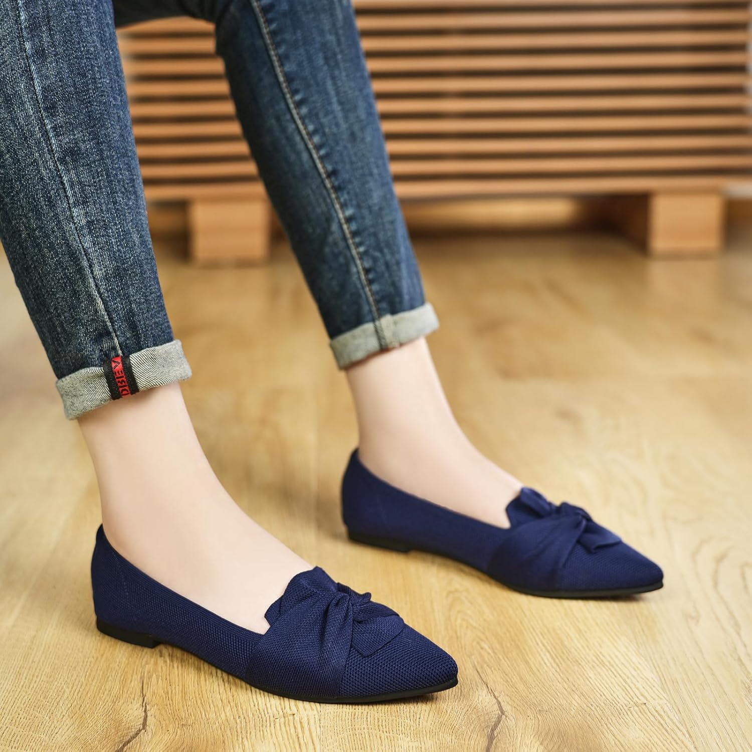 Flats for Womens Pointed Toe Ballet Flats with Bow Comfortable Knit Dressy Flats - Image 2