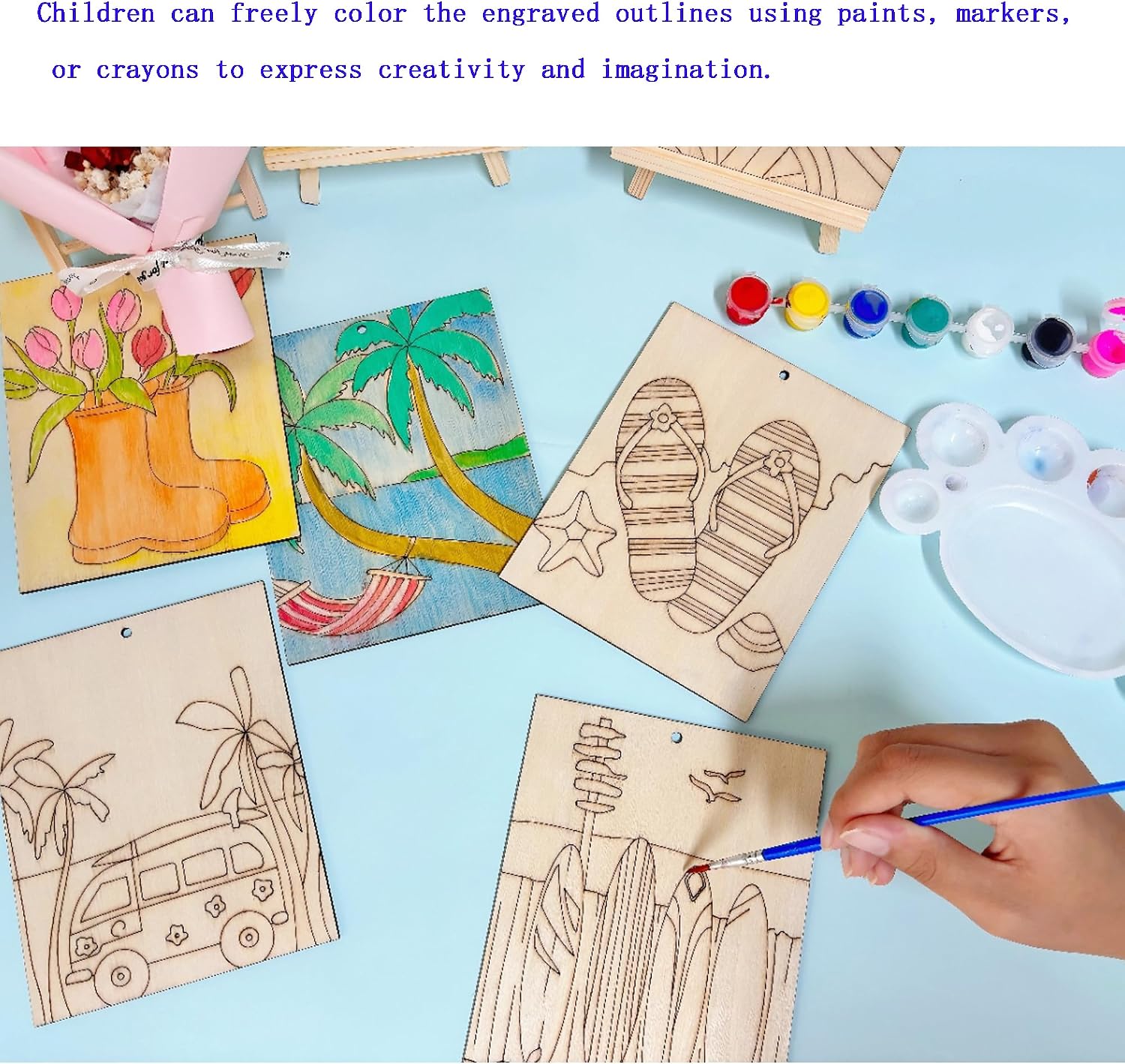 Piatoeke 16PCS 5.9×4.7in Unfinished Wood Crafts to Paint,DIY Fun Things to Paint and Hang, Wooden Summer Cutouts Board for Kids Painting(Summer)
