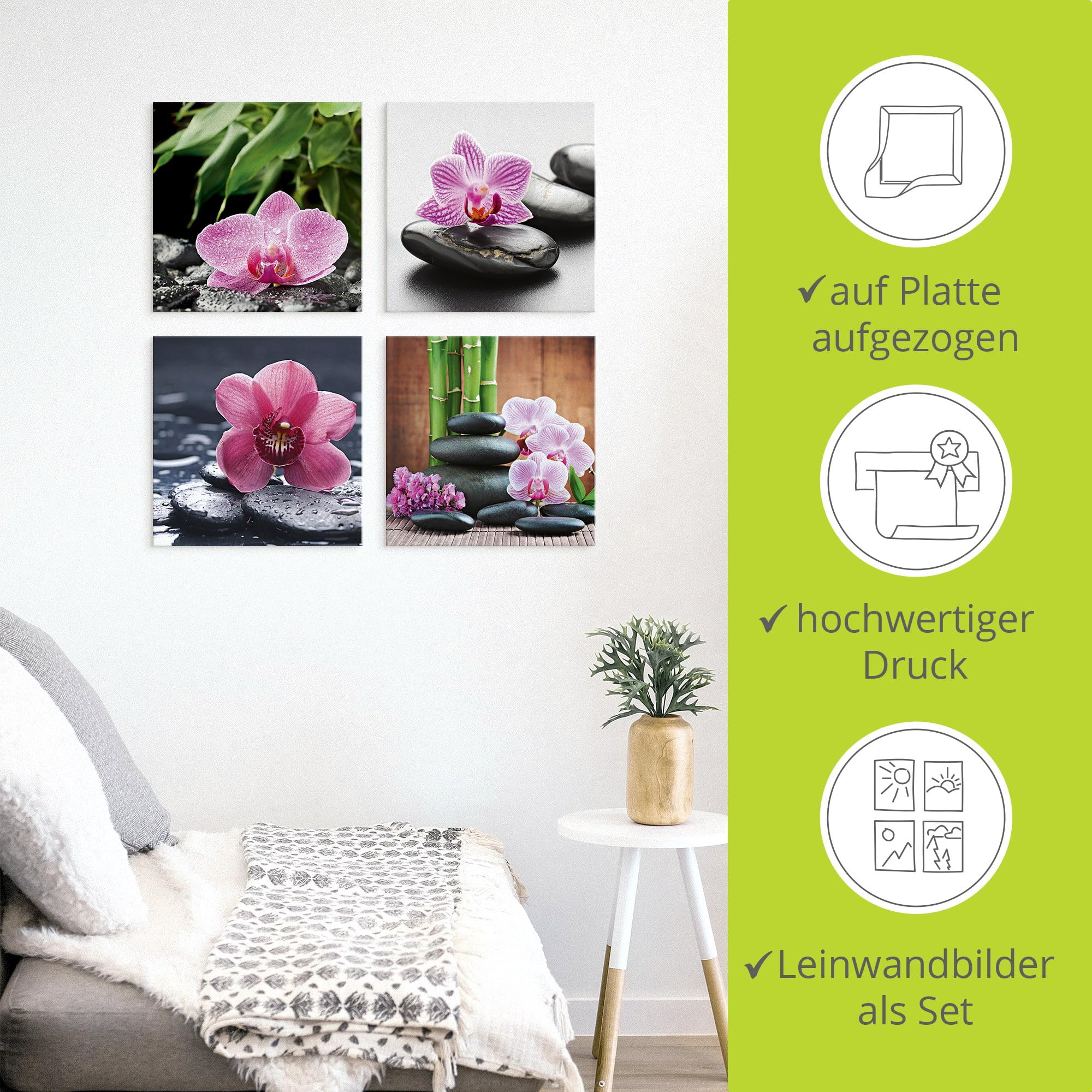 ARTLAND Wanddeko Wellness Bilder Leinwand Bilder Set 4tlg. je 40x40 cm Quadratisch Wandbilder Zen Orchidee Stein Tropfen Spa S6MH