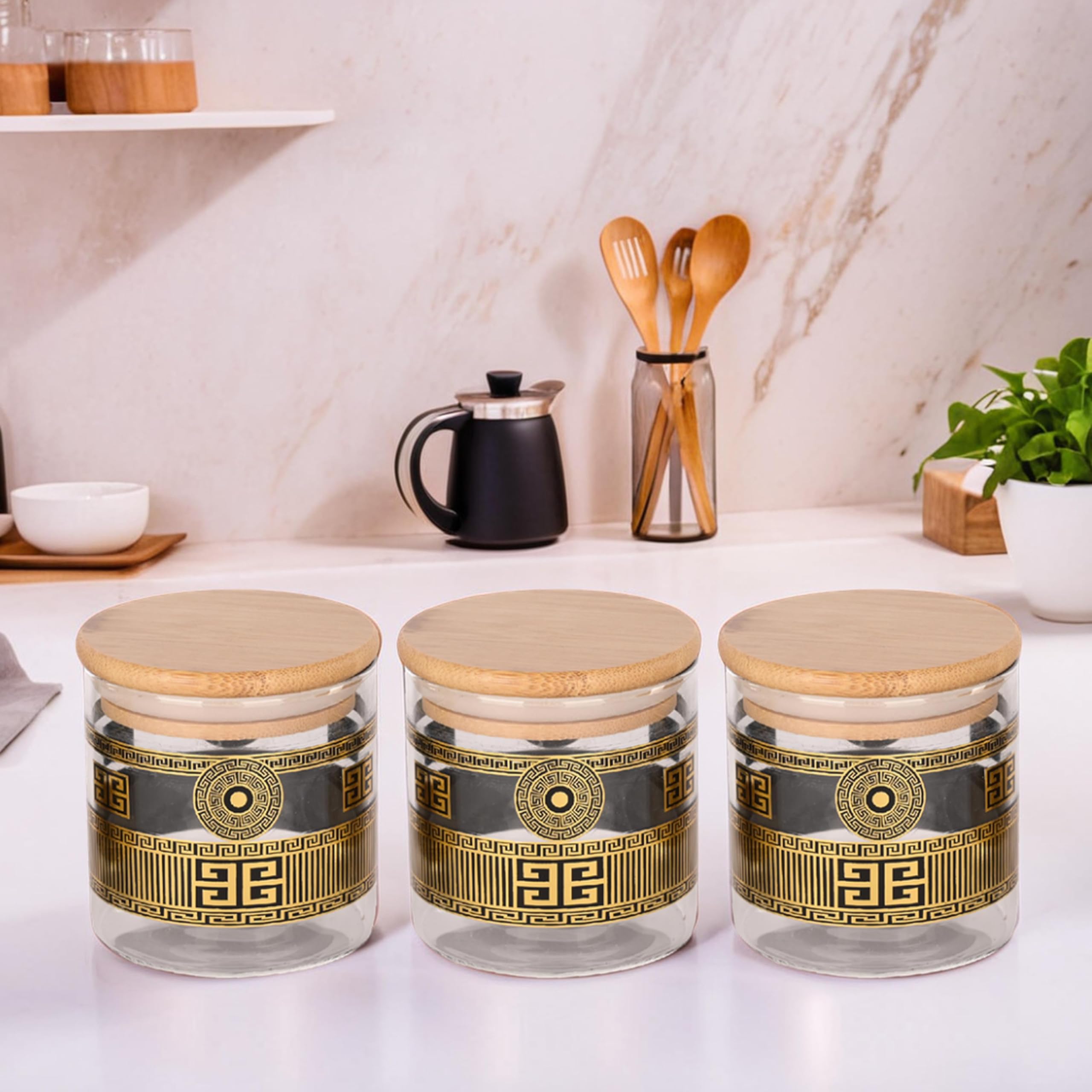 Kuber Industries Set of 3 (400ml) Borosilicate Glass Jars for Kitchen With Bamboo Lid | Air Tight Masala Container & Daba Set for Dry Fruit & Spices | Gold-Transparent