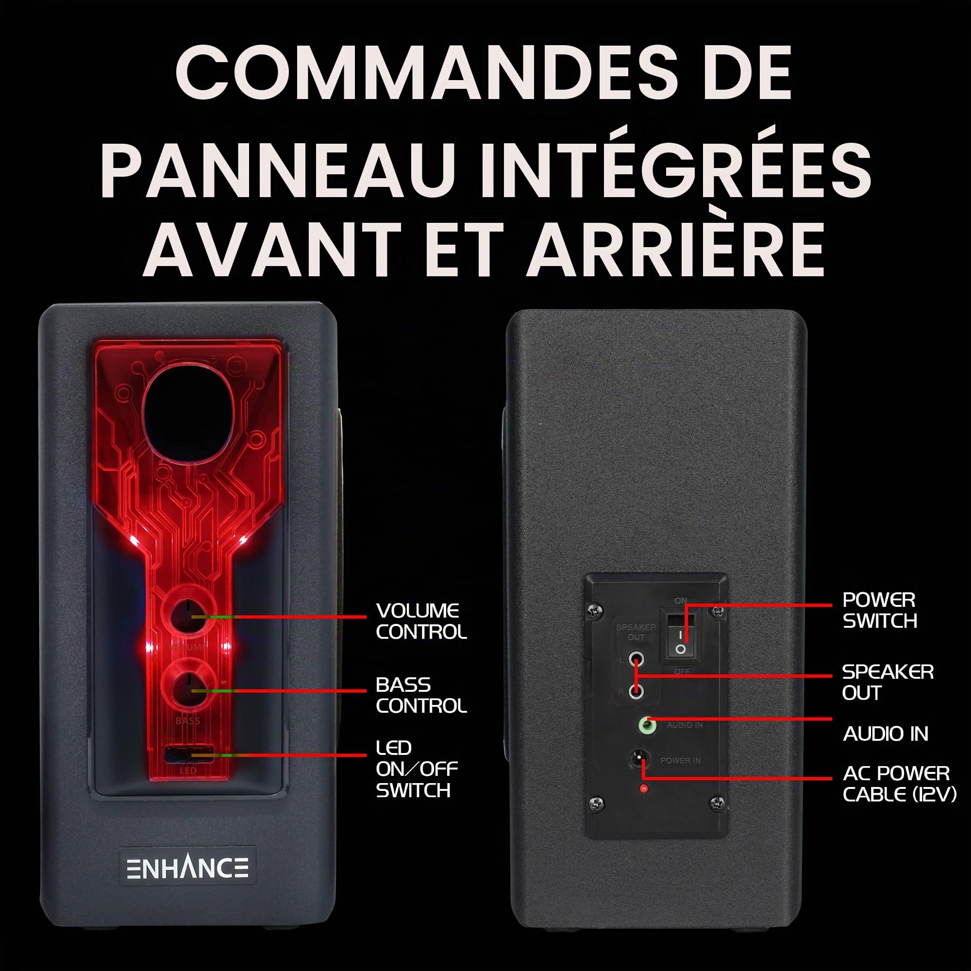 ENHANCE SB 2.1 Haut-Parleurs D'ordinateur avec Caisson de Basses - Haut-parleurs de Jeu à LED Rouge, contrôle du Volume et des Basses, Compatible avec Les PC de Jeu, Les Ordinateurs de Bureau