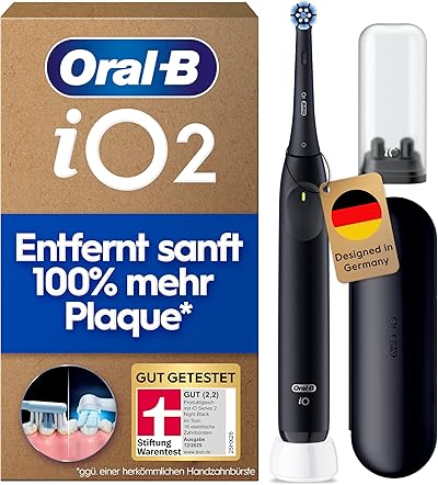 Oral-B iO Series 2 Elektrische Zahnbürste — Electric Toothbrush, Inkl. 1 Aufsteckbürste, 3 Putzmodi für Zahnpflege, Magnet-Technologie, Reise-Etui, Aufsteckbürsten-Etui — Designed by Braun, Schwarz