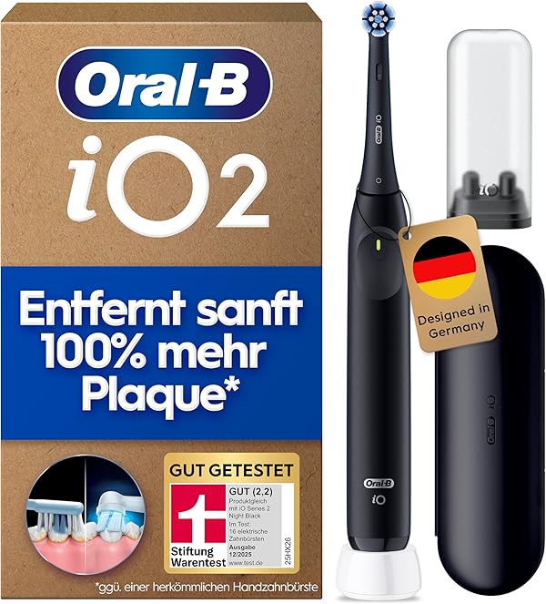 Oral-B iO Series 2 Elektrische Zahnbürste — Electric Toothbrush, Inkl. 1 Aufsteckbürste, 3 Putzmodi für Zahnpflege, Magnet-Technologie, Reise-Etui, Aufsteckbürsten-Etui — Designed by Braun, Schwarz