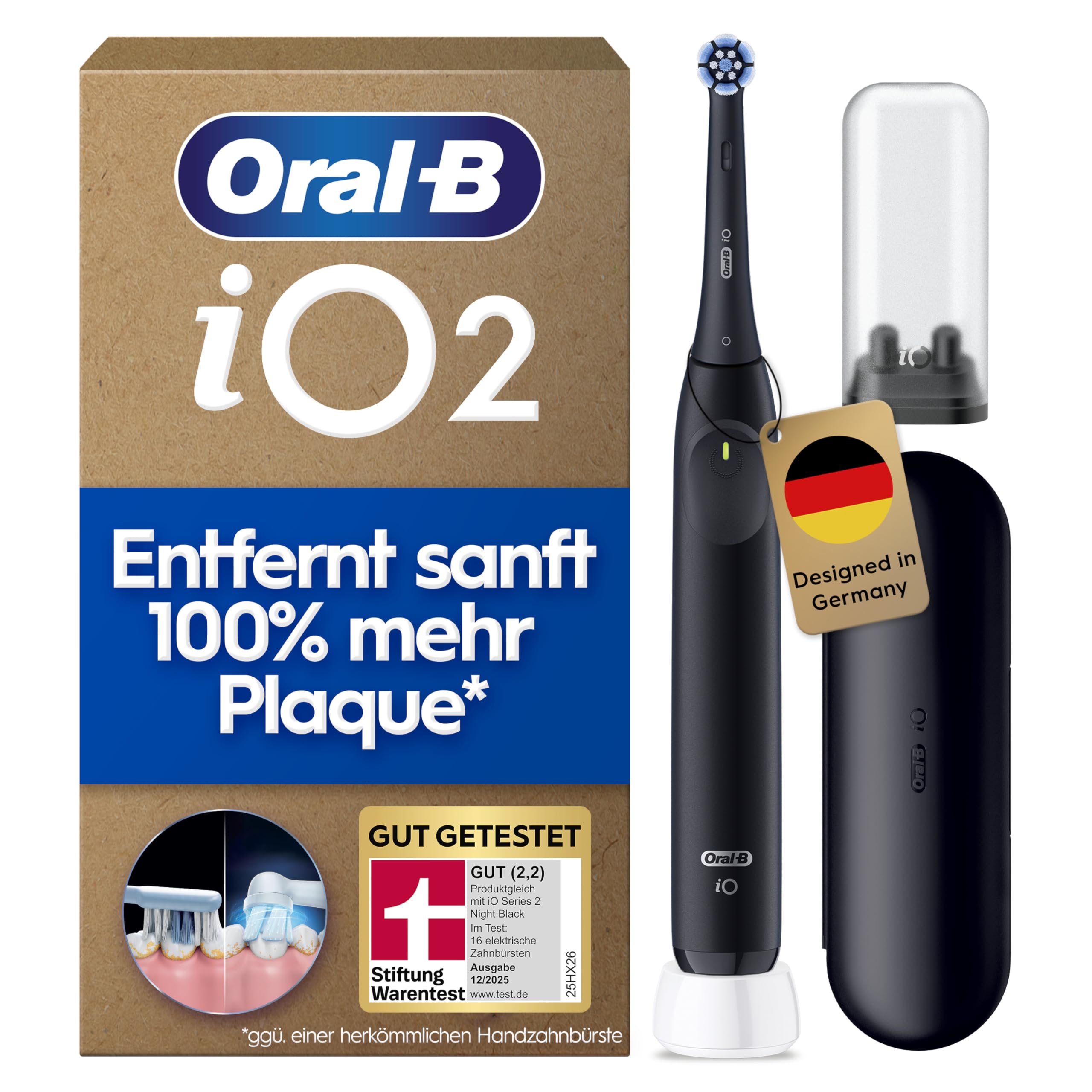 Oral-B iO Series 2 Elektrische Zahnbürste — Electric Toothbrush, Inkl. 1 Aufsteckbürste, 3 Putzmodi für Zahnpflege, Magnet-Technologie, Reise-Etui, Aufsteckbürsten-Etui — Designed by Braun, Schwarz