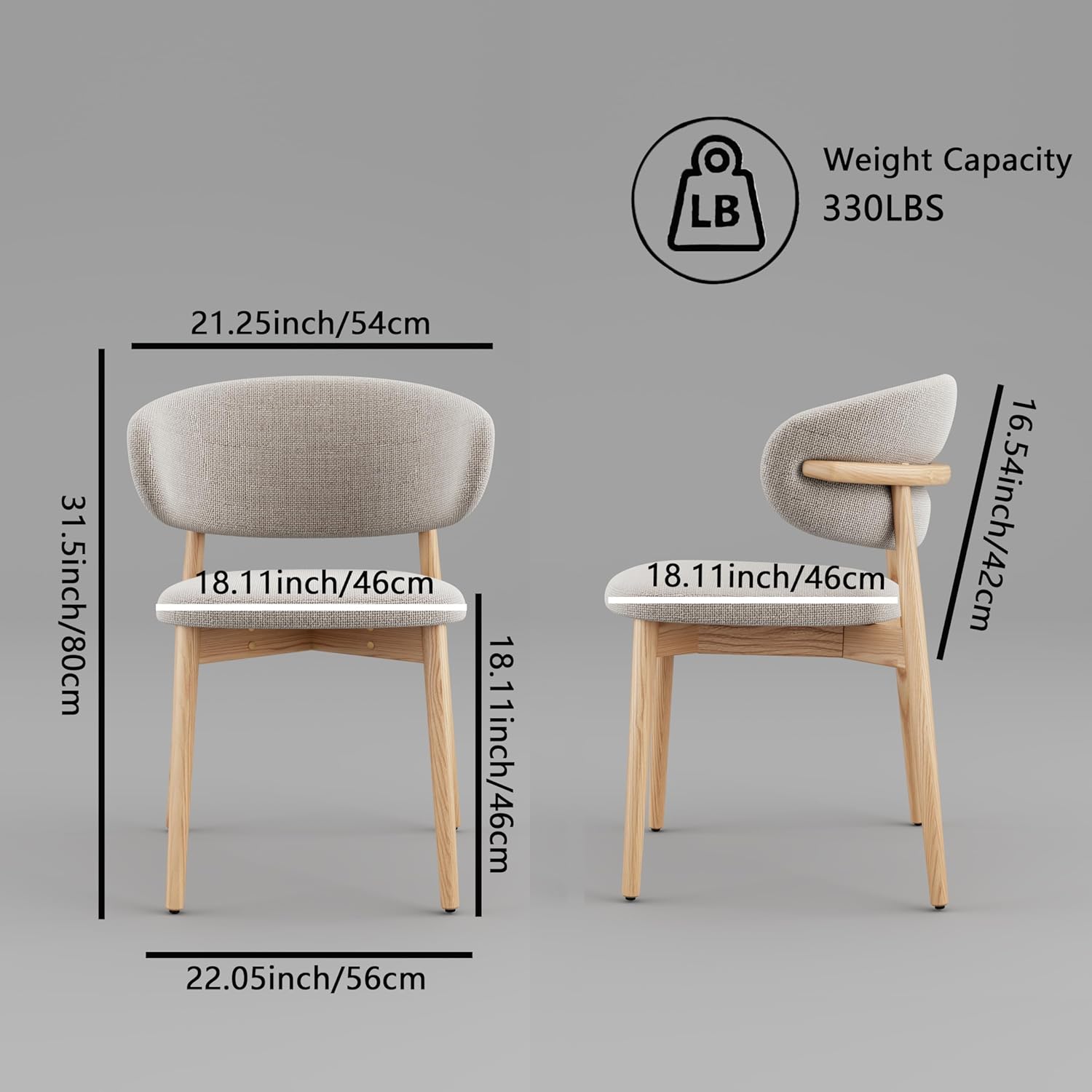 Solid Wood Dining Chairs Set of 2, Modern Upholstered Dining Chair with Curved Backrest, Natural Wood Legs (Oak, 18.11 in)
