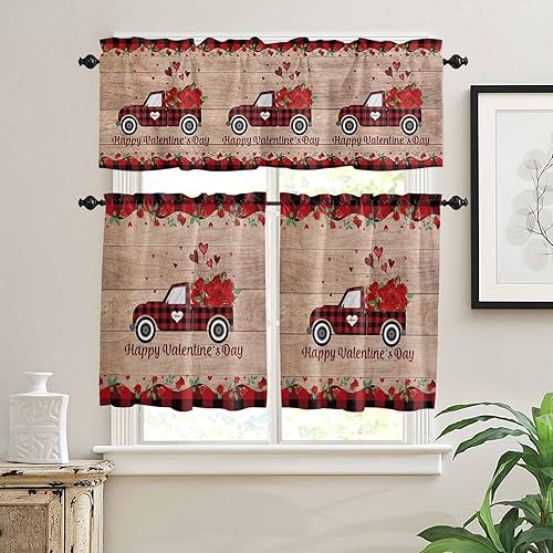 Juego de cenefas y niveles de cortina de San Valentín para ventanas de cocina panel de bolsillo para barra de corazón rojo y negro cenefas de madera