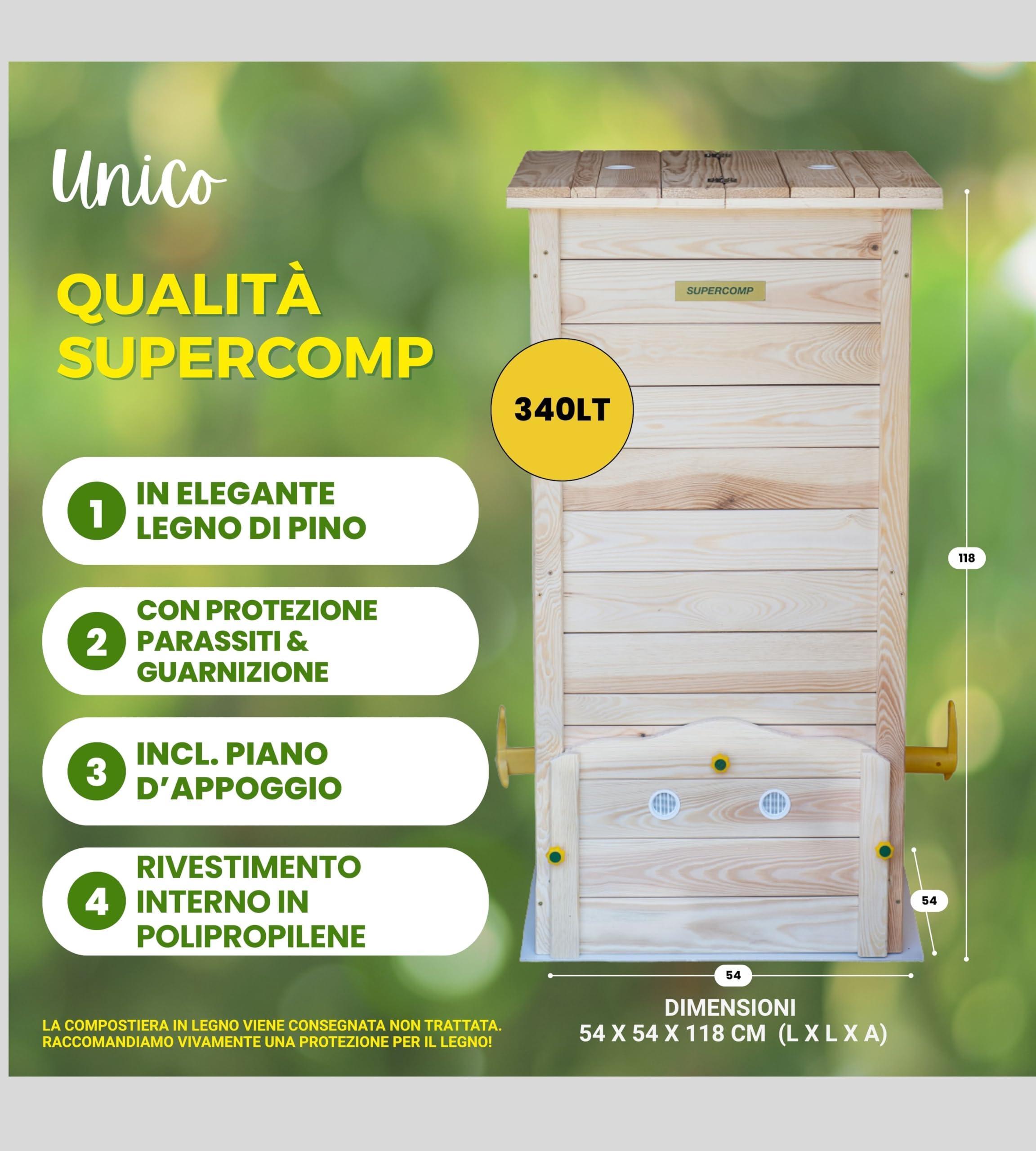 Compostiera da Giardino in Legno con Coperchio, Compostaggio facile senza Cattivi Odori e senza Rivoltamento Compost, con Sistema Anti Insetti e Dispositivo d’Aerazione, con Piano, da 340lt
