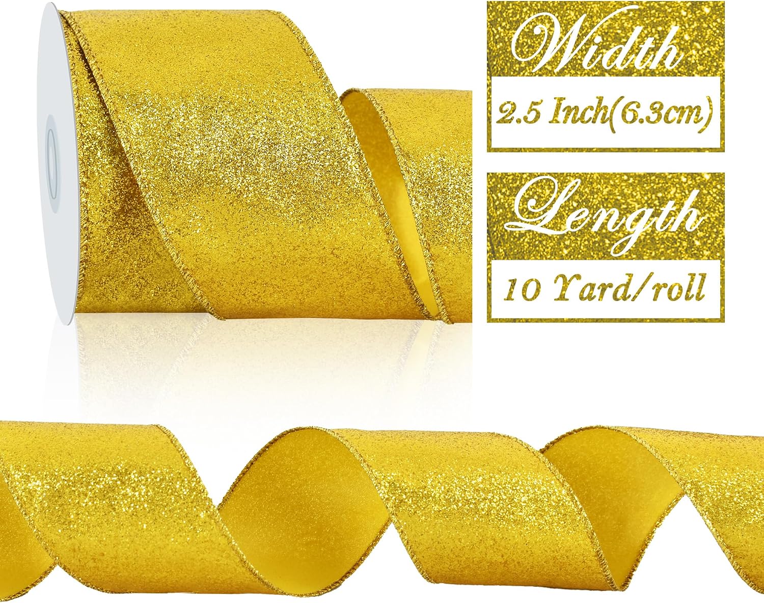 Gold Glitter Ribbon, 2.5 Inch 10 Yards Sparkly Wired Edge Fabric Ribbon for Craft, Wreath Bow, Gift Wrapping, Christmas Party Decoration image 2