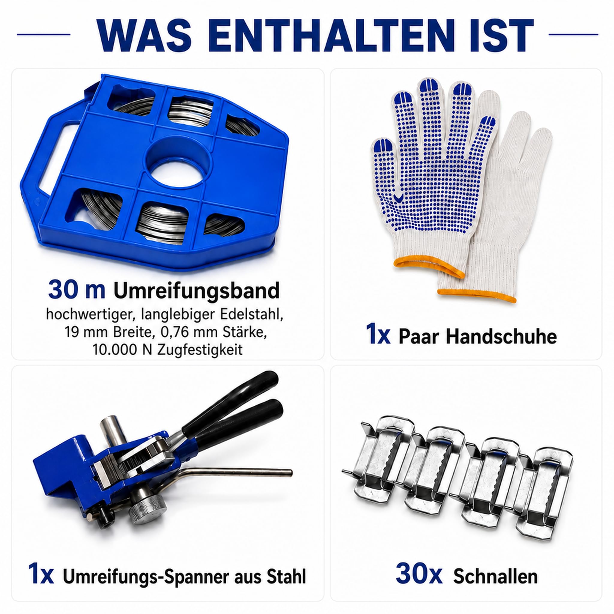 Stahl-Umreifungsset mit Bandspannwerkzeug, 30 m Band 19 x 0,76 mm, 30 Schnallen, Handschuhe, Stahl-Spanner mit Schneidgriff für HLK-Rohre, Kabel, Schilder, Paletten-Montage