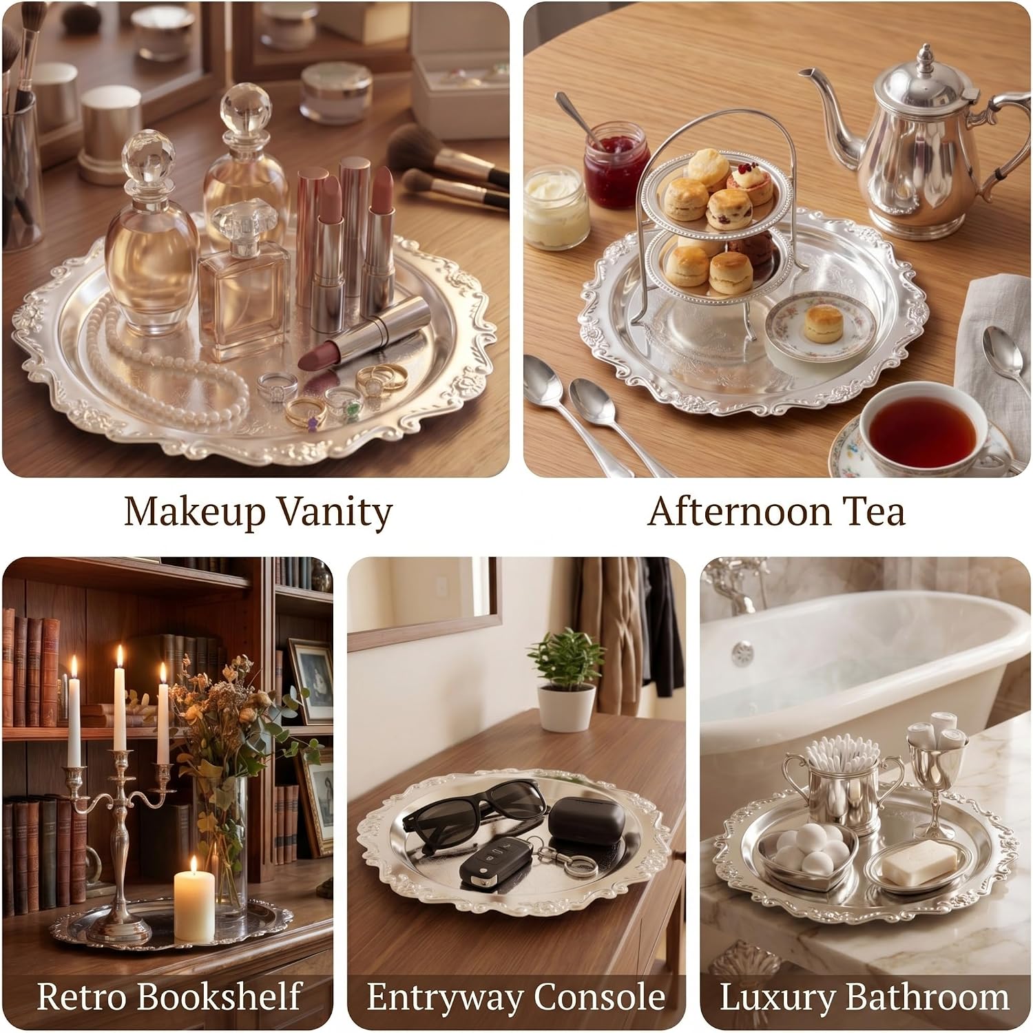 Rtteri 3 Pack Silver Serving Trays Set 8''/10''/12'' Vintage Embossed Round Coffee Table Platters Party Decor Metal Plates Silver Plated Jewelry Display Plates for Wedding Dessert Fruit(Baroque)
