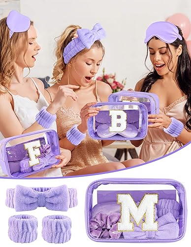 Miniatura 2 de Gift Sets for Women, Initial Makeup Bag with Makeup Brush Set Bachelorette Party Favors, Purple Spa Kit with Skincare Headbands Wrist Bands