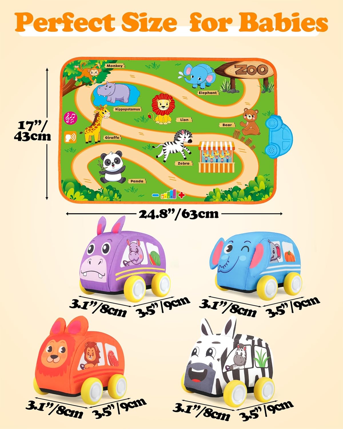 Helsort Baby Car Toys for 1 Year Old Boy with Musical Playmat, Animal Sounds and Pull Back Vehicles for Toddlers 1-3, Soft Baby Learning Toys 12-18 Months, 1st Birthday Gifts for One Year Olds