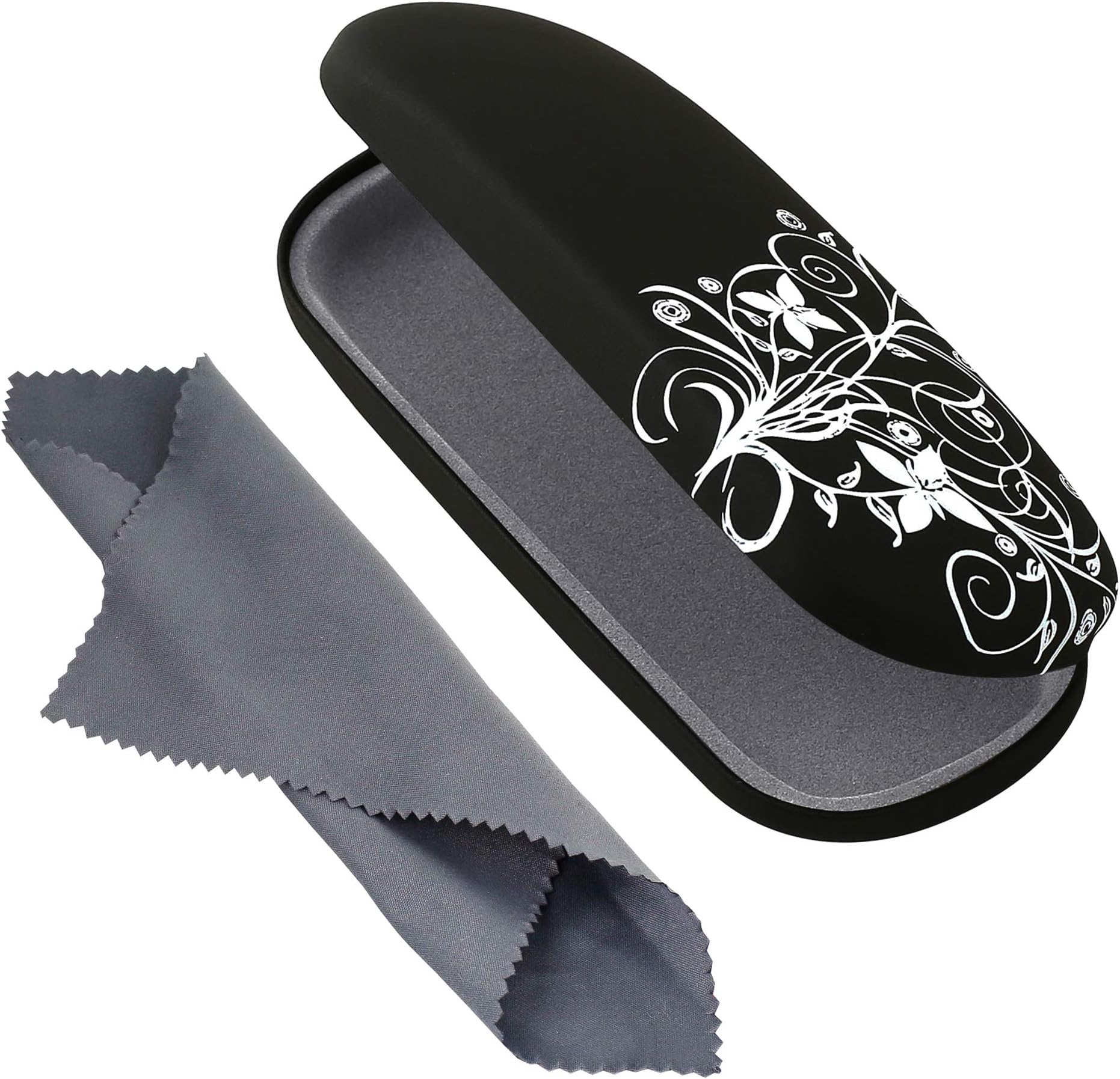 Hard Shell Eyeglass Case, Protective Case for Glasses and Sunglasses with Cleaning Cloth and Floral Design, Black, by Optiplix