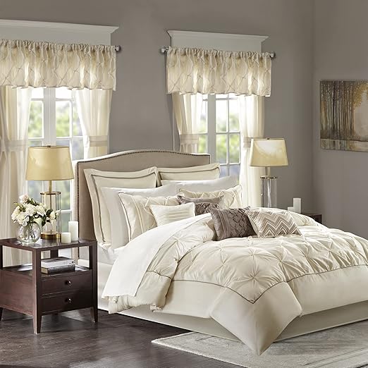 Madison Park Essentials Room in a Bag Faux Silk Comforter Set - Luxe Diamond Tufting All Season Bedding, Matching Curtains, Decorative Pillows, Ivory Queen(90"x90") 24 Piece