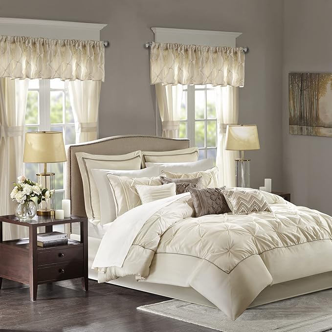 Madison Park Essentials Room in a Bag Faux Silk Comforter Set - Luxe Diamond Tufting All Season Bedding, Matching Curtains, Decorative Pillows, Ivory Queen(90"x90") 24 Piece
