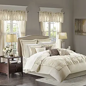 Madison Park Essentials Room in a Bag Faux Silk Comforter Set - Luxe Diamond Tufting All Season Bedding, Matching Curtains, Decorative Pillows, Ivory King(104"x92") 24 Piece
