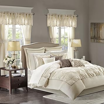Madison Park Essentials Room in a Bag Faux Silk Comforter Set - Luxe Diamond Tufting All Season Bedding, Matching Curtains, Decorative Pillows, Ivory Queen(90"x90") 24 Piece