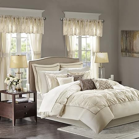 Madison Park Essentials Room in a Bag Faux Silk Comforter Set - Luxe Diamond Tufting All Season Bedding, Matching Curtains, Decorative Pillows, Ivory Queen(90"x90") 24 Piece
