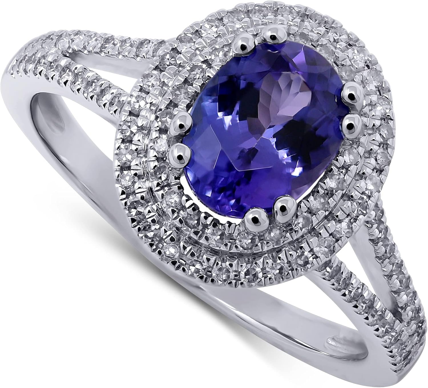 Oval Genuine Tanzanite 1-3/8ct 14K White Gold with Double Diamond Halo Ring-7